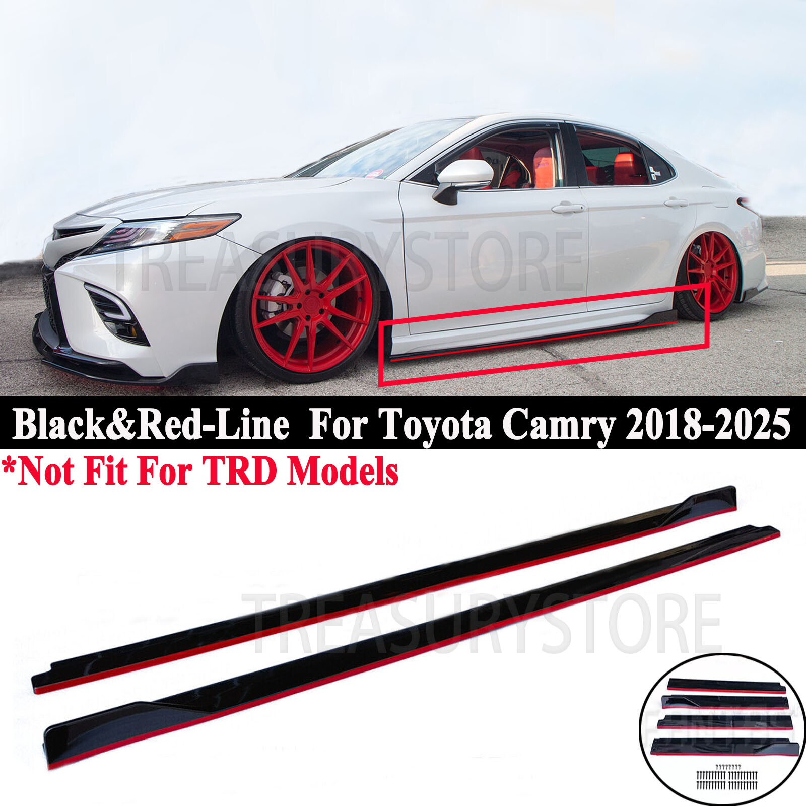 For Toyota Camry XSE XLE 18-2025 V Style Gloss Red-line Side Skirt Extension Lip For Toyota Camry XSE XLE 18-2025 V Style Gloss Red-line Side Skirt Extension Lip