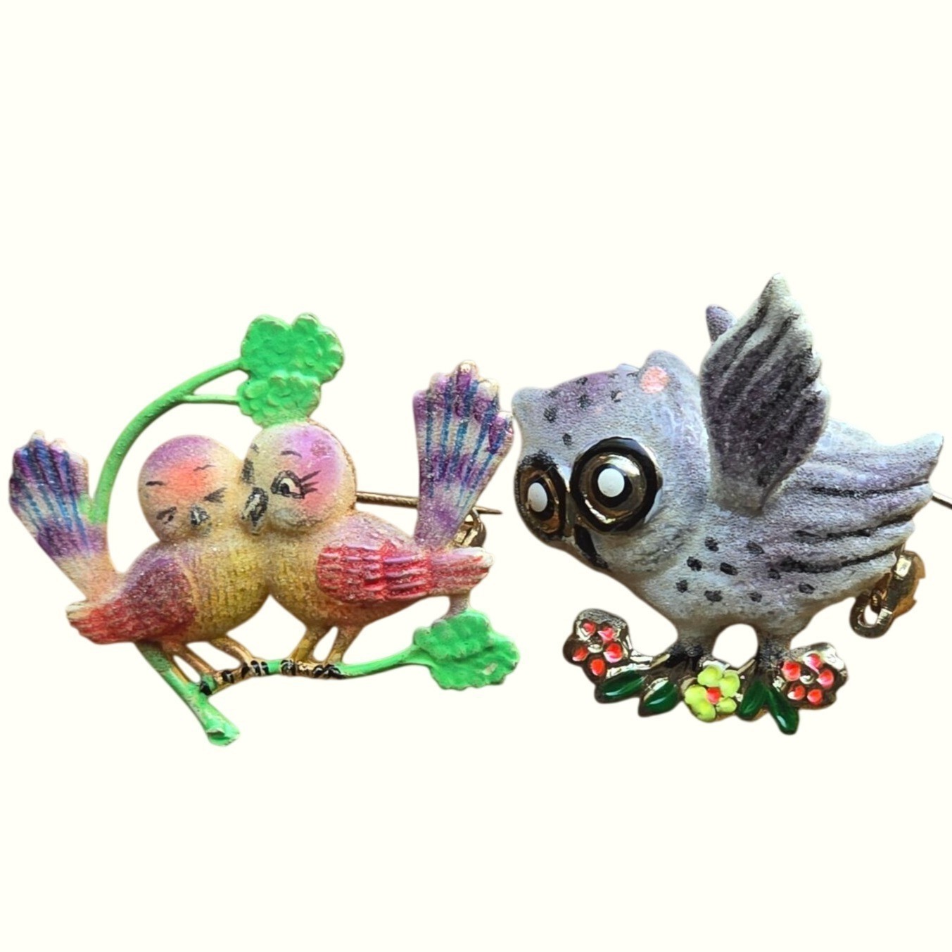 Vintage Flocked Owl Lovebird Brooches Korea Enamel Pin Set of 2 Anthropomorphic Vintage Flocked Owl Lovebird Brooches Korea Enamel Pin Set of 2 Anthropomorphic