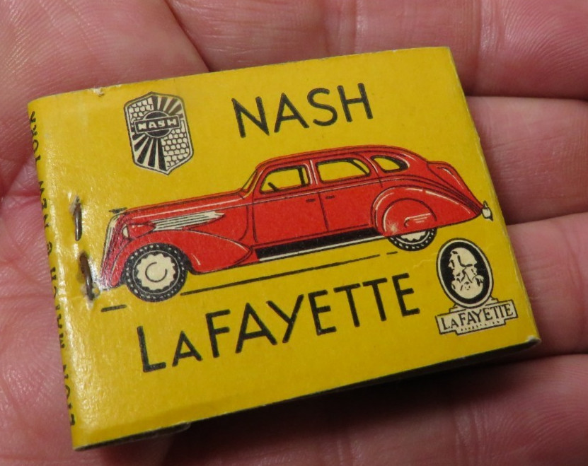 RARE Vintage 1930’s Feature Matchbook Nash Lafayette Car Dealer Elkhorn WI MINT RARE Vintage 1930’s Feature Matchbook Nash Lafayette Car Dealer Elkhorn WI MINT