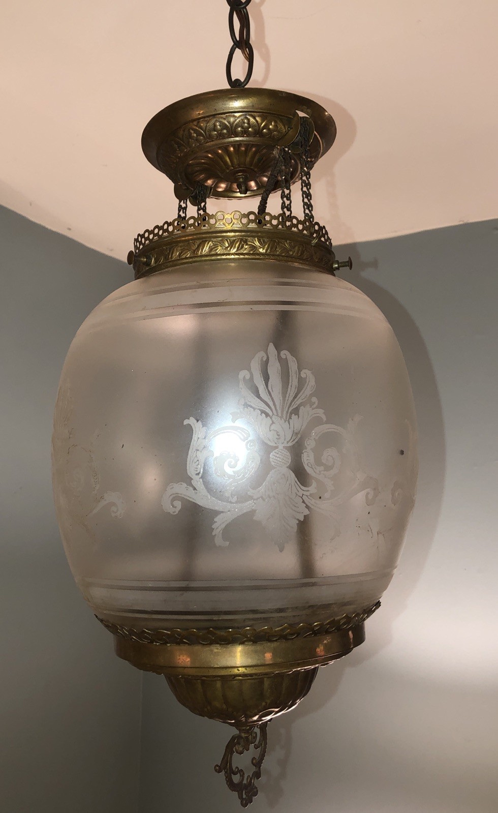 REWIRED Antique 20” Hanging Lamp Pendant Light Fixture Victorian Etched Brass