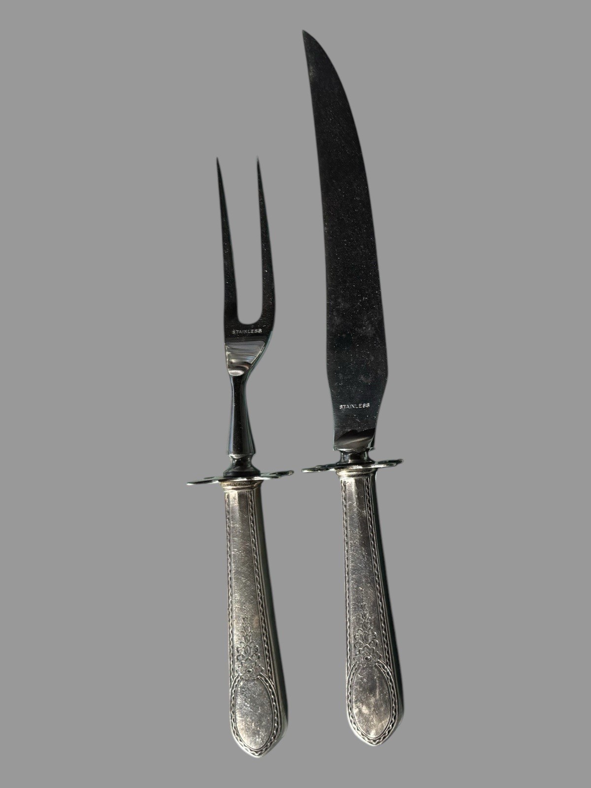 Vintage Lunt Early American Engraved  2 Piece Sterling Handled Carving Set
