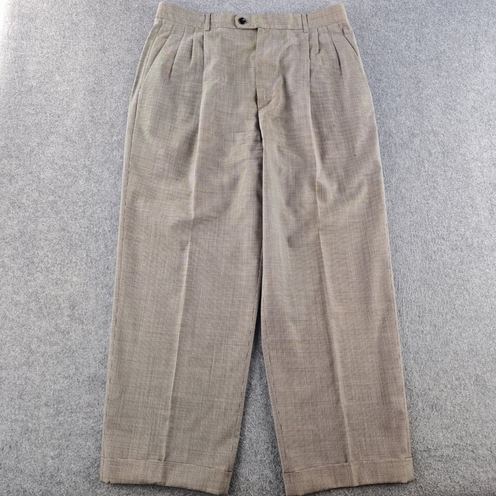 Zanella Pleated Dress Pants Mens 33x28 Tan Houndstooth Wool Made in Italy