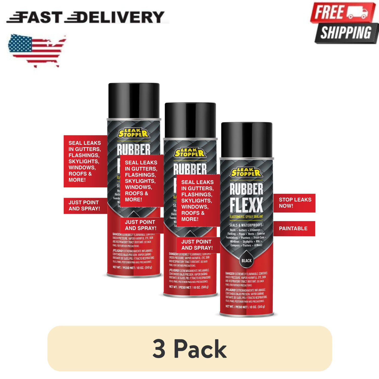 3 Pack Leak Stopper Rubber Flexx 15oz Waterproof Repair Sealant Spray 3 Pack Leak Stopper Rubber Flexx 15oz Waterproof Repair Sealant Spray