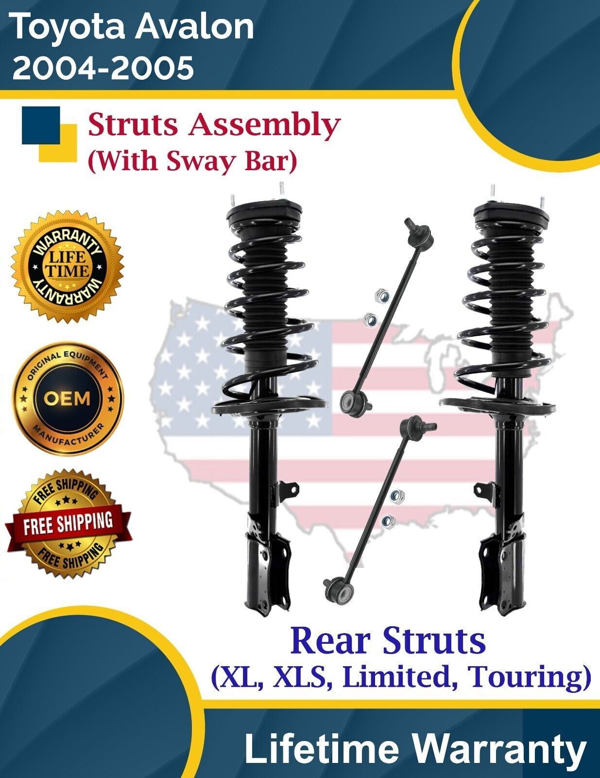 New OE Rear Struts  W/Sway Bar for 2004-2005 Toyota Avalon Lifetime Warranty