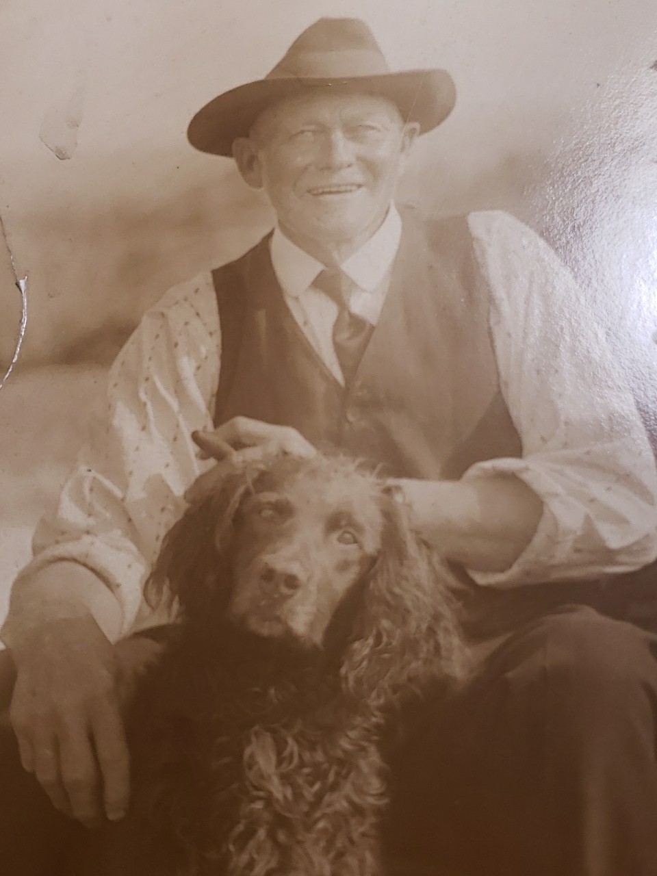 Antique 1910s Studio Proof Photo Men Smoking Pipe Curly Spaniel Dog Blind Stamp