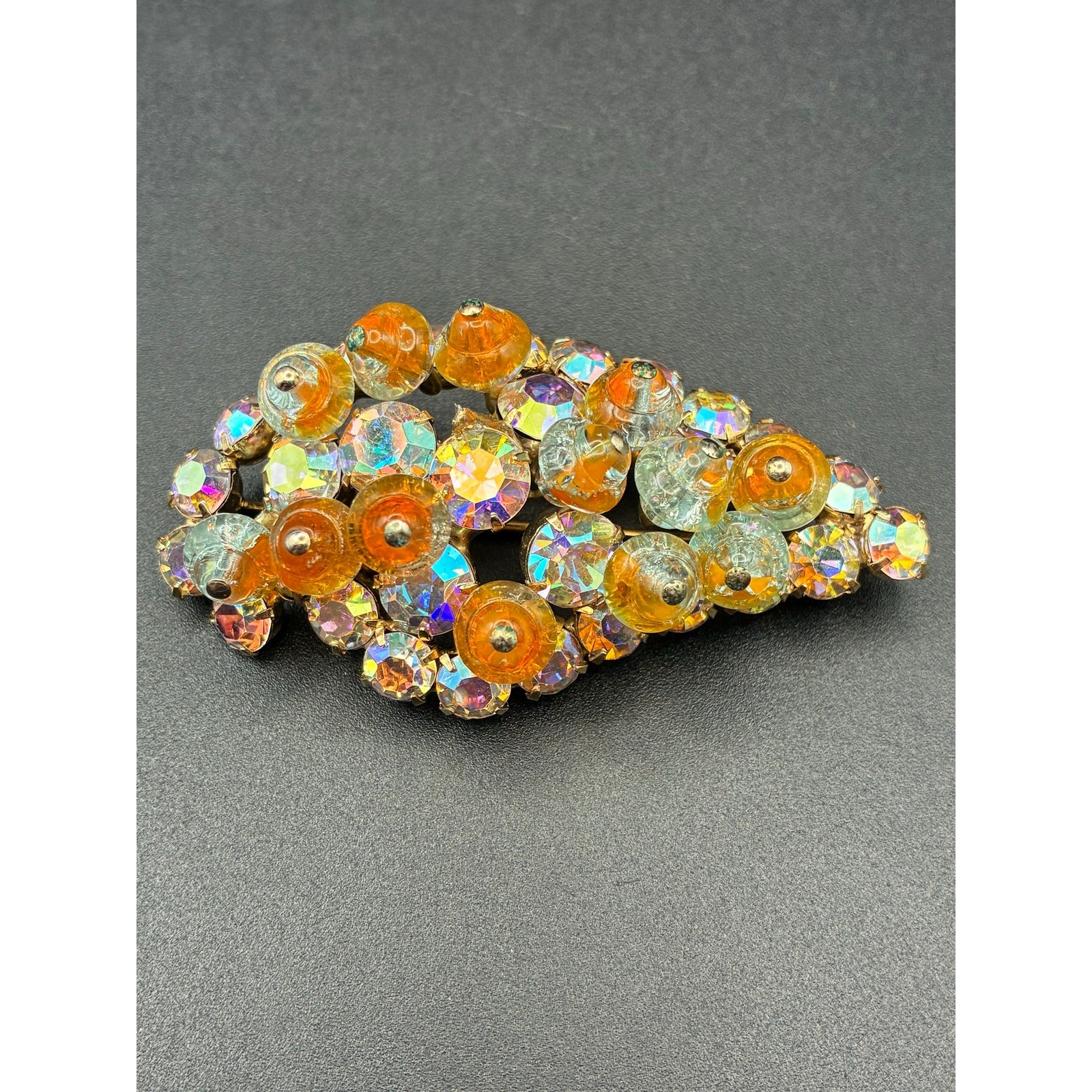 Vintage AB Rhinestone Glass Bead Cluster Gold Tone Unsigned Brooch