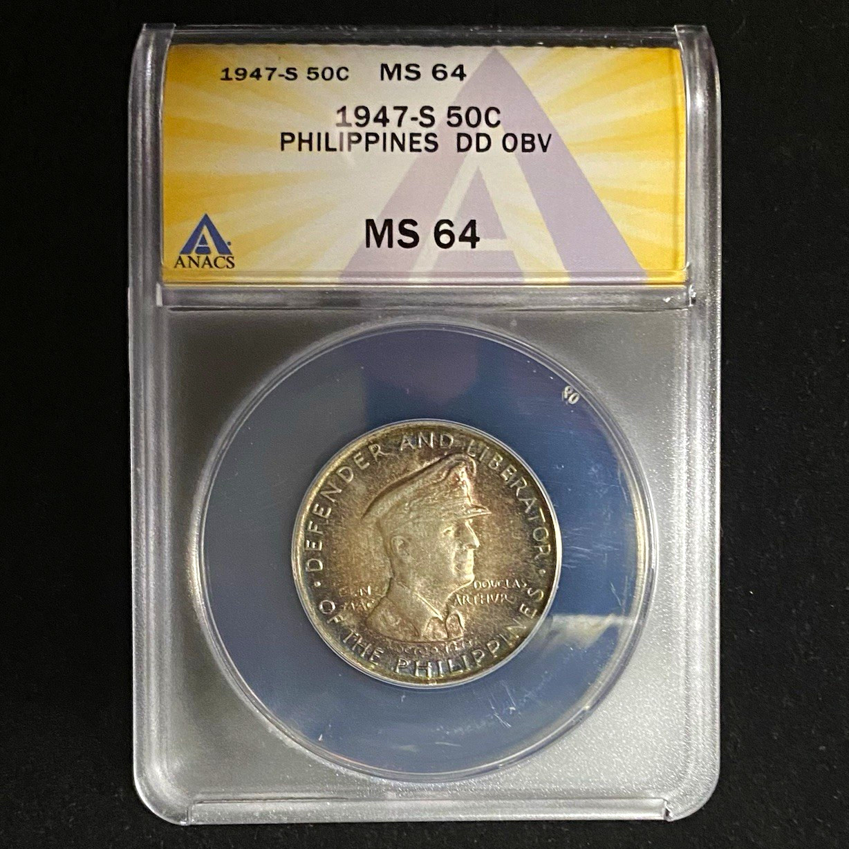 1947-S Philippines Silver 50 Centavos MacAuthur DDO ANACS MS64 Bullseye Toning 1947-S Philippines Silver 50 Centavos MacAuthur DDO ANACS MS64 Bullseye Toning