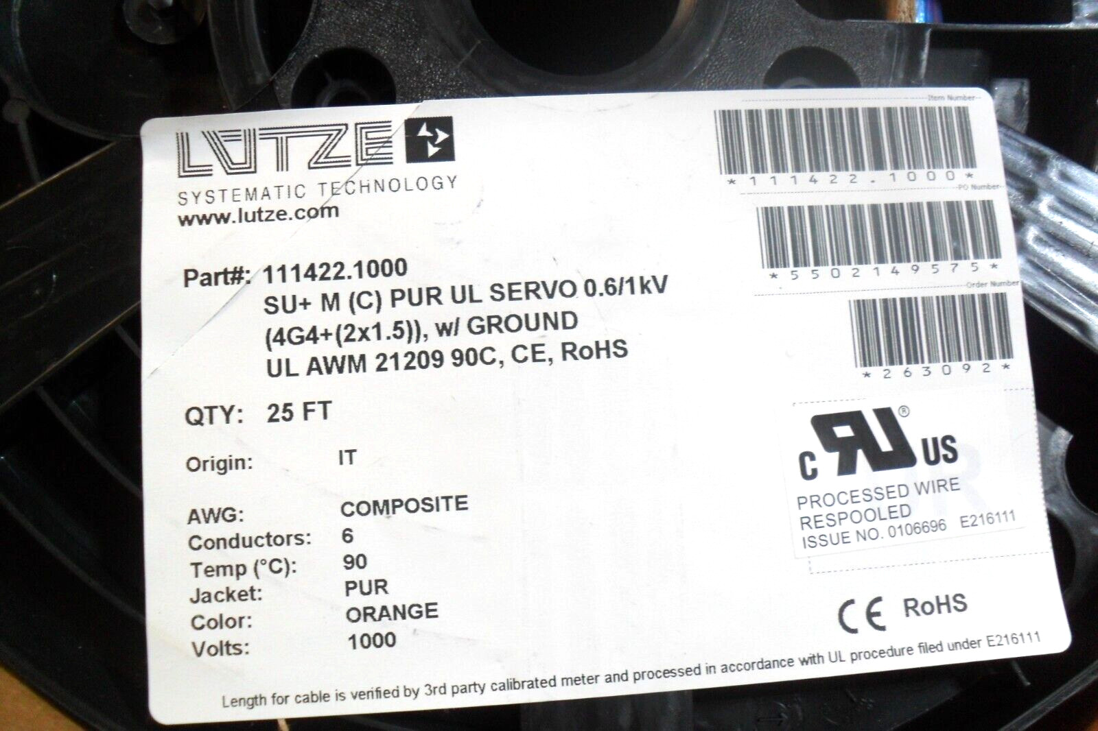 qty 25ft - Lutze 111422.1000  High Flex Motor Cable SU+M(C) PUR UL SERVO 0.6/1KV