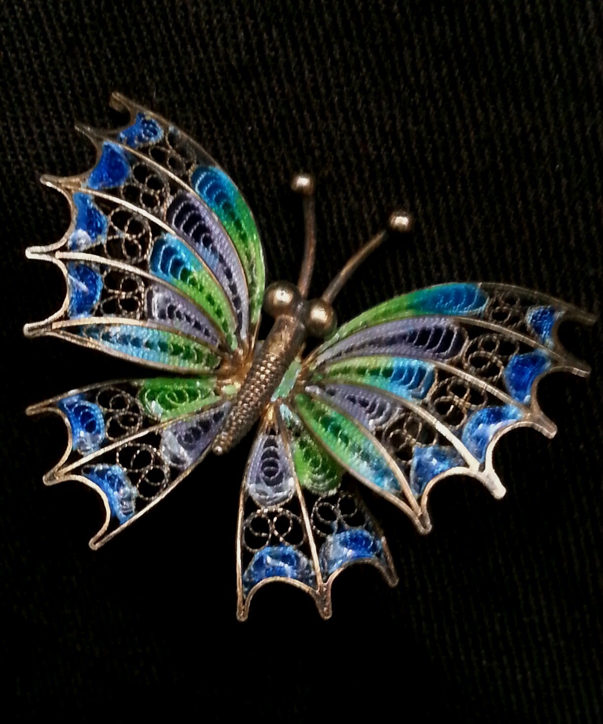 Antique German filigree enamelled butterfly brooch 800 silver