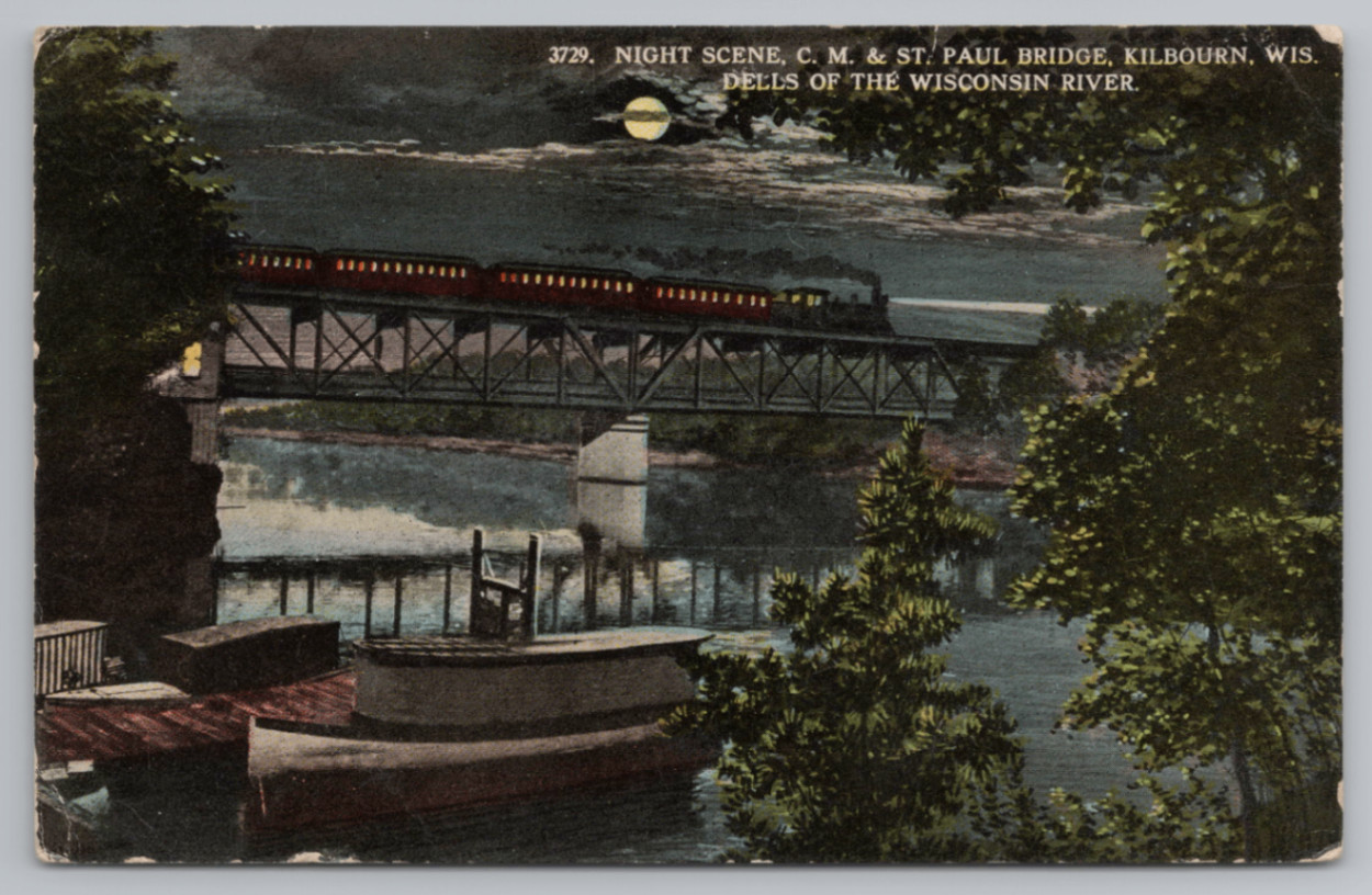 Night Scene Paul Bridge KILBOURN WISCONSIN Dells Postcard Night Scene Paul Bridge KILBOURN WISCONSIN Dells Postcard