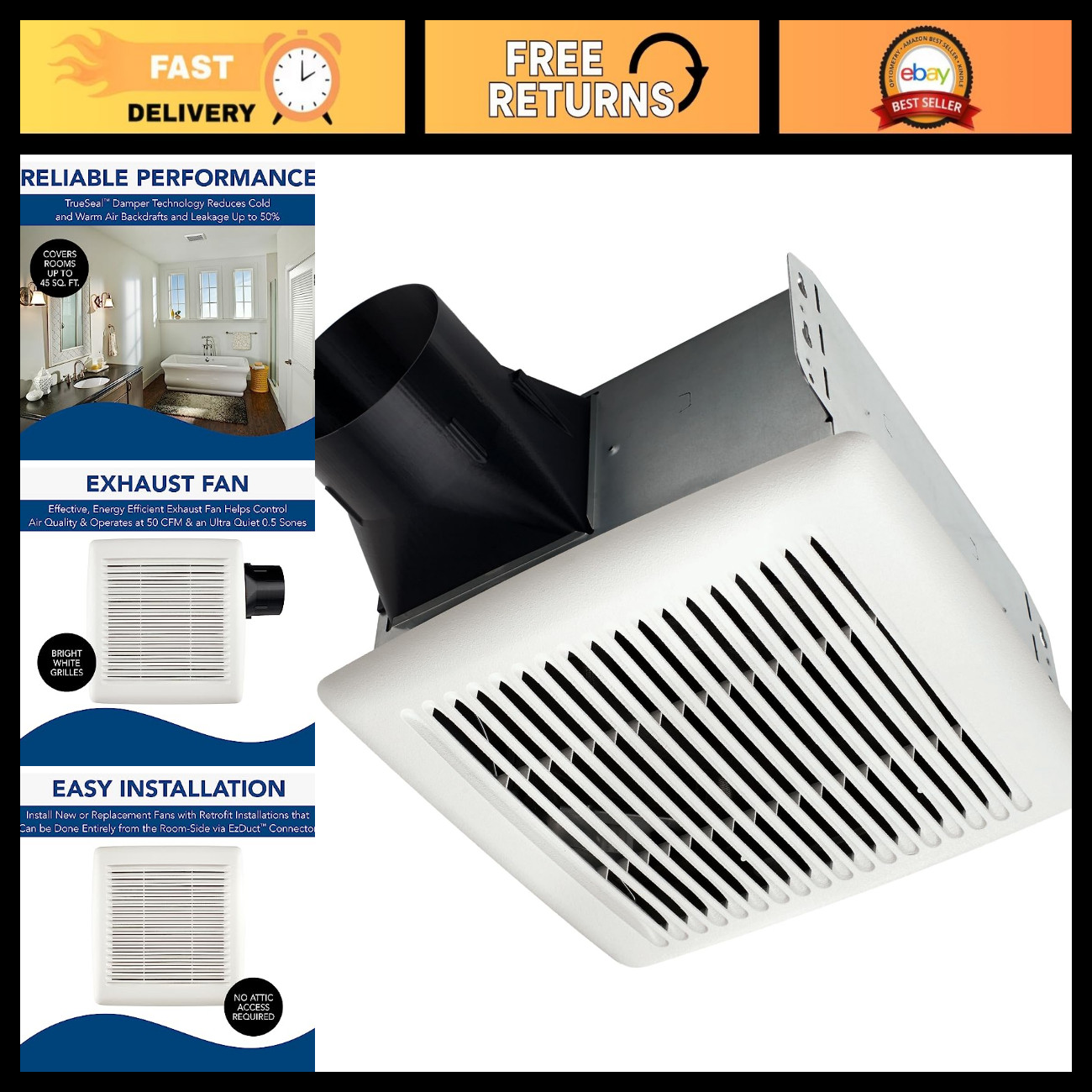 50 CFM Ventilation Fan, ENERGY STAR Certified, Ceiling/Walls, Quiet 0.5 Sones, E 50 CFM Ventilation Fan, ENERGY STAR Certified, Ceiling/Walls, Quiet 0.5 Sones, E