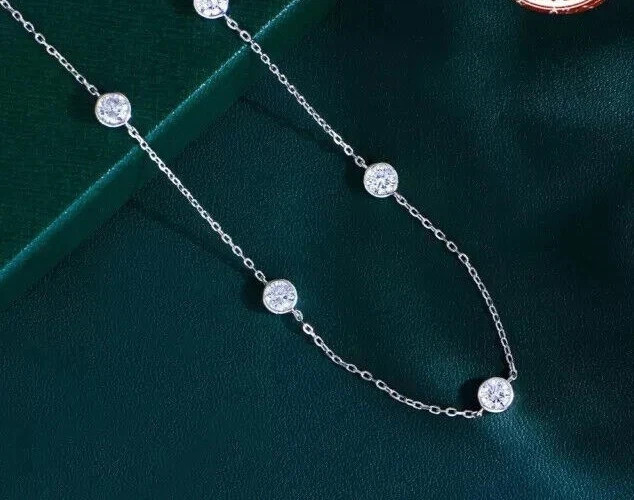 14k White Gold Round Natural Diamond By The Yard Bezel Station Necklace 18