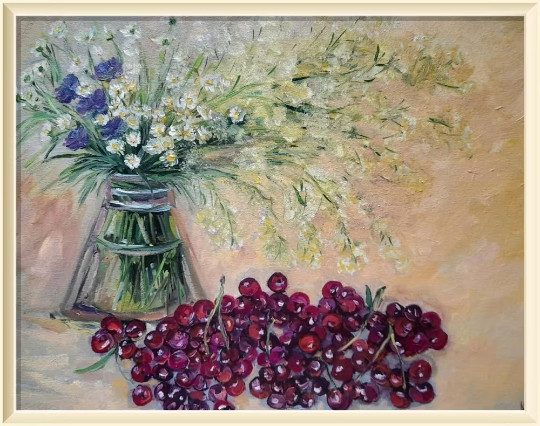 flowers still life original oil painting, red cherry painting, flowers wall art