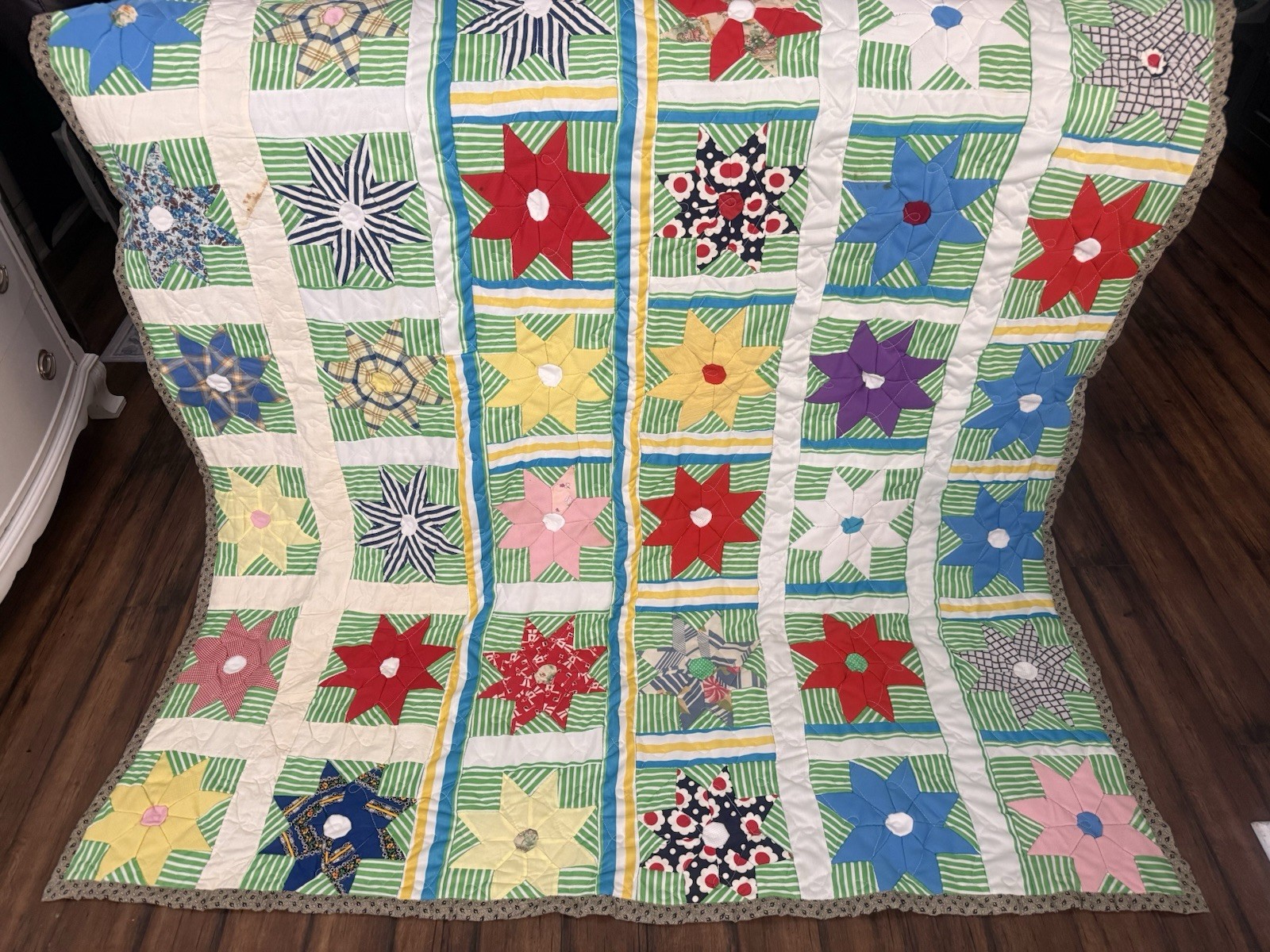 VTG Handmade Patchwork Quilt Floral Star Striped Pattern Boho Farmhouse 70x78 VTG Handmade Patchwork Quilt Floral Star Striped Pattern Boho Farmhouse 70x78