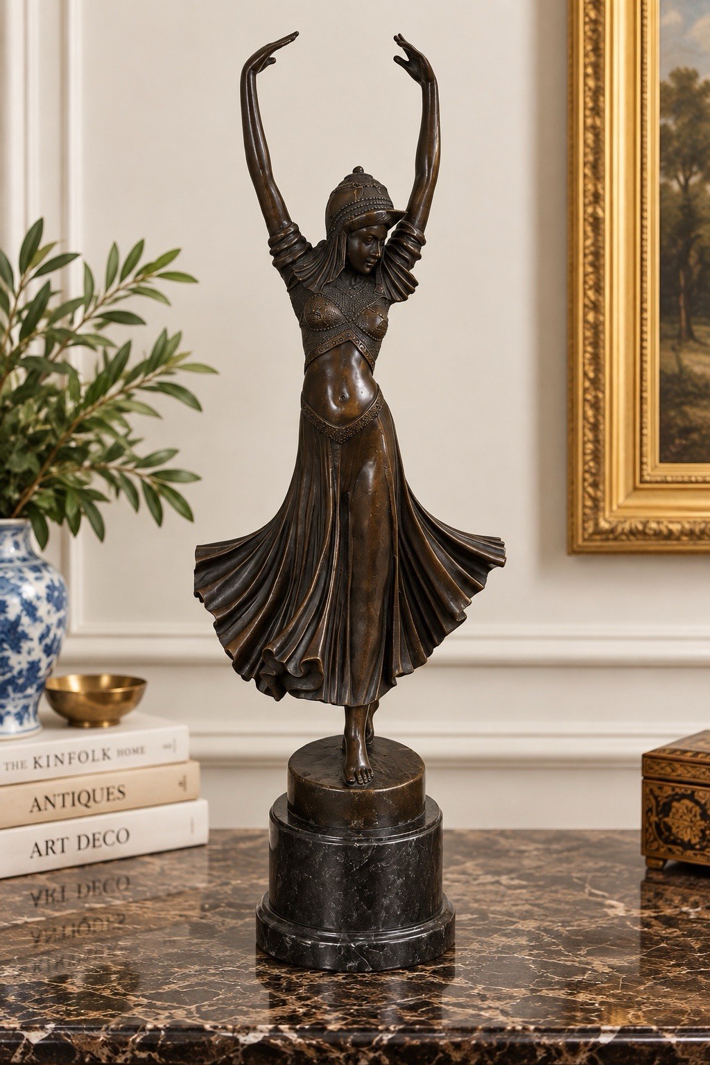 After D.H. Chiparus Art Deco Bronze Dancer Sculpture Signed Marble Base 21”