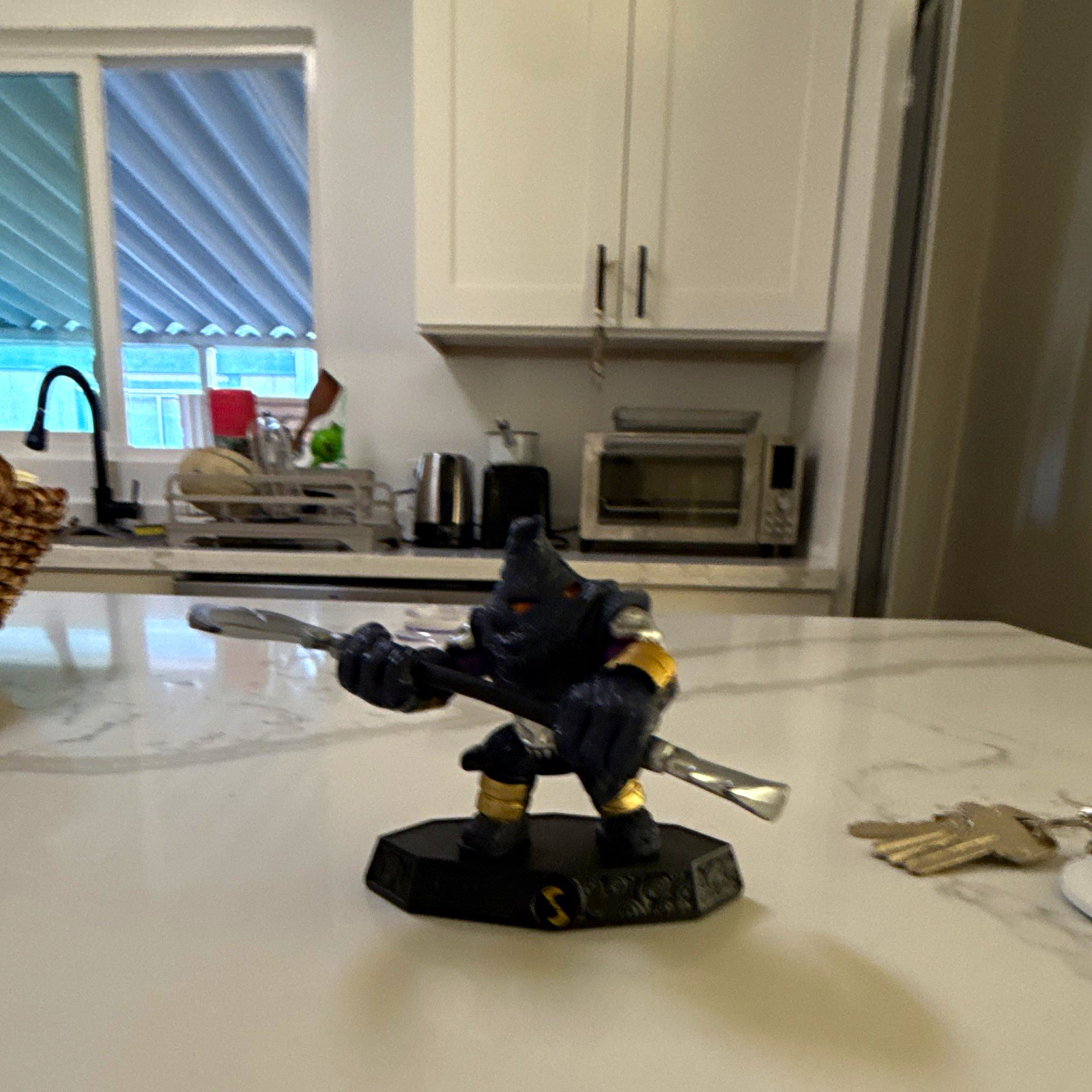Shark Hooded Warrior Figure w/ Double-Bladed Axe Weapon on Base Black Gold Shark Hooded Warrior Figure w/ Double-Bladed Axe Weapon on Base Black Gold