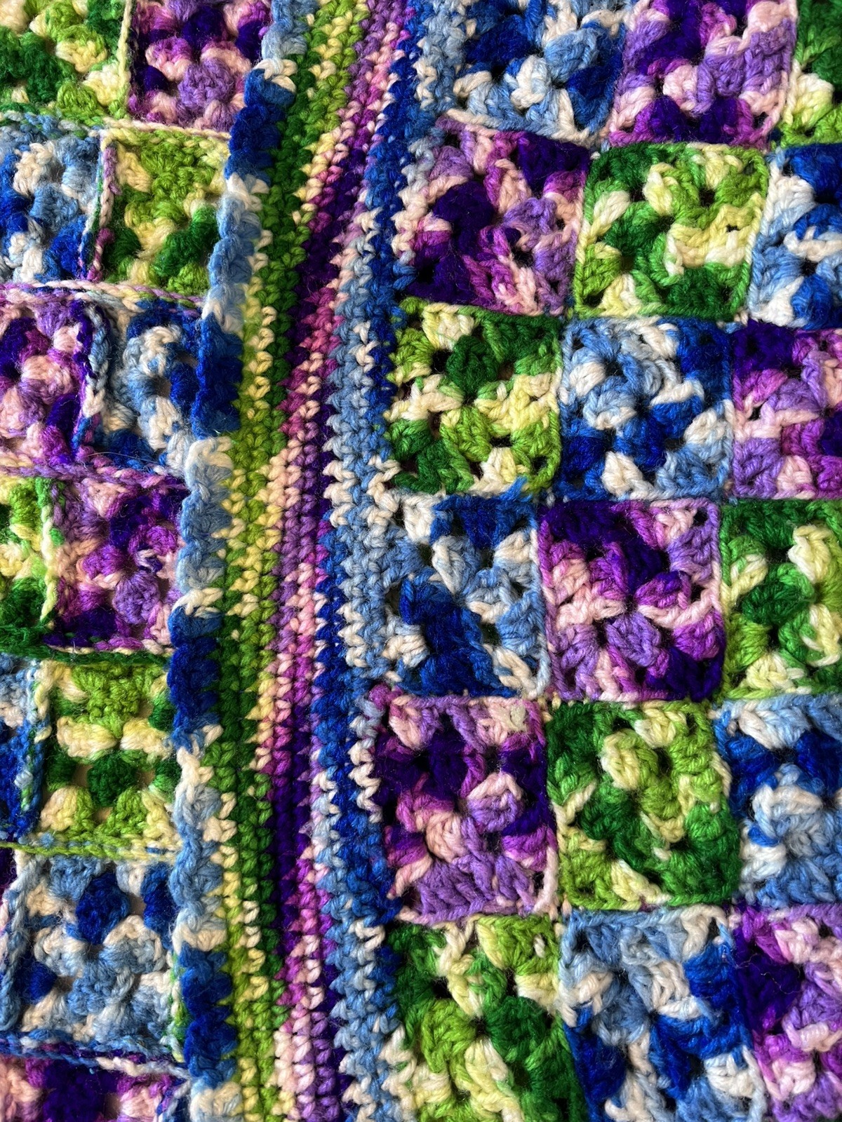 Vintage Handmade Crochet Afghan Throw MCM Green,Purple, Blue Granny Square 38x70 Vintage Handmade Crochet Afghan Throw MCM Green,Purple, Blue Granny Square 38x70