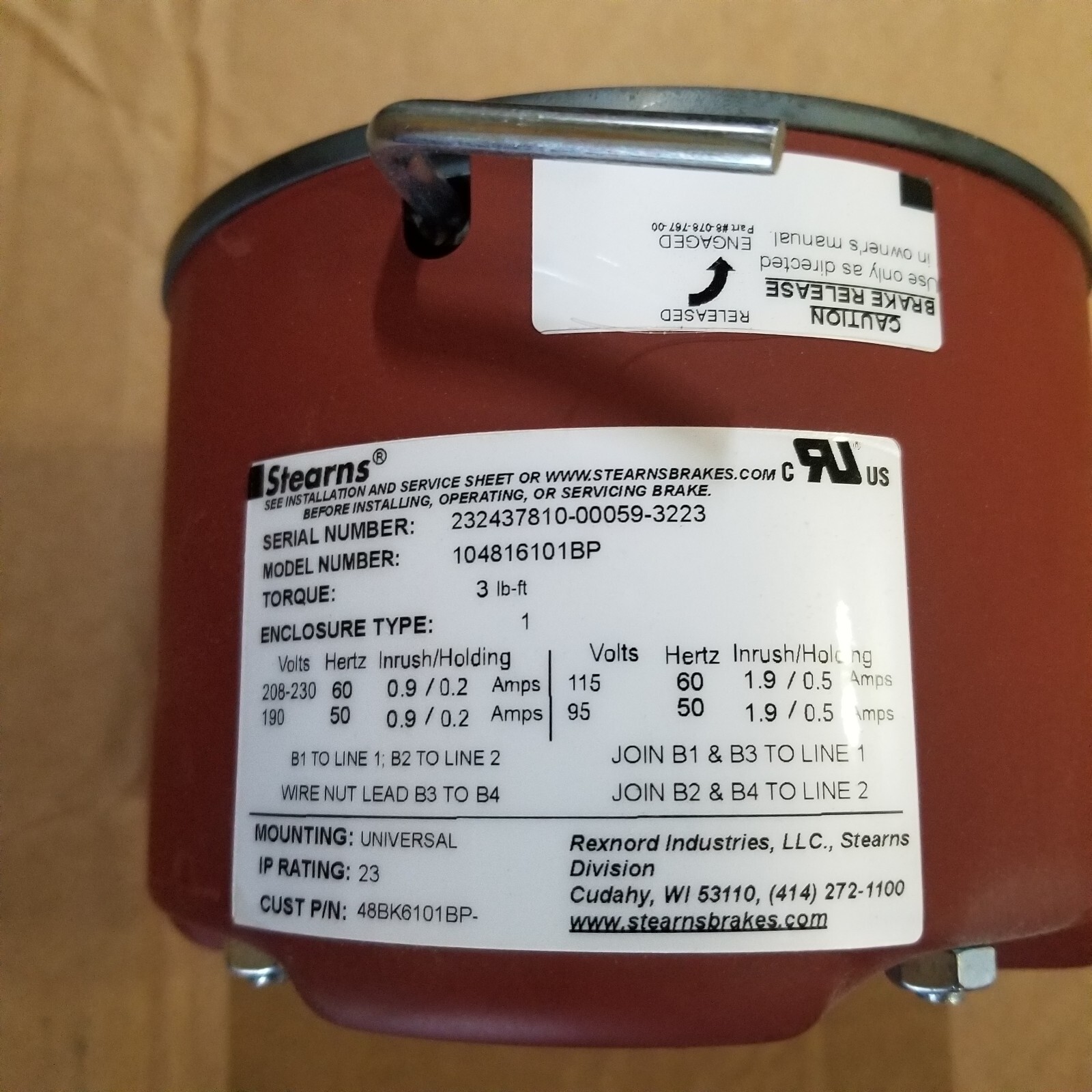 STEARNS 104816101BP BRAKE ASSY-STD NEW W/O GEAR STEARNS 104816101BP BRAKE ASSY-STD NEW W/O GEAR