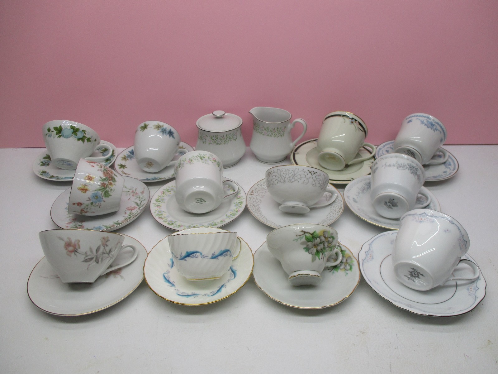 Vintage Mismatched China (26pc)~12 Tea Cups~12 Saucers~Sugar & Creamer Vintage Mismatched China (26pc)~12 Tea Cups~12 Saucers~Sugar & Creamer