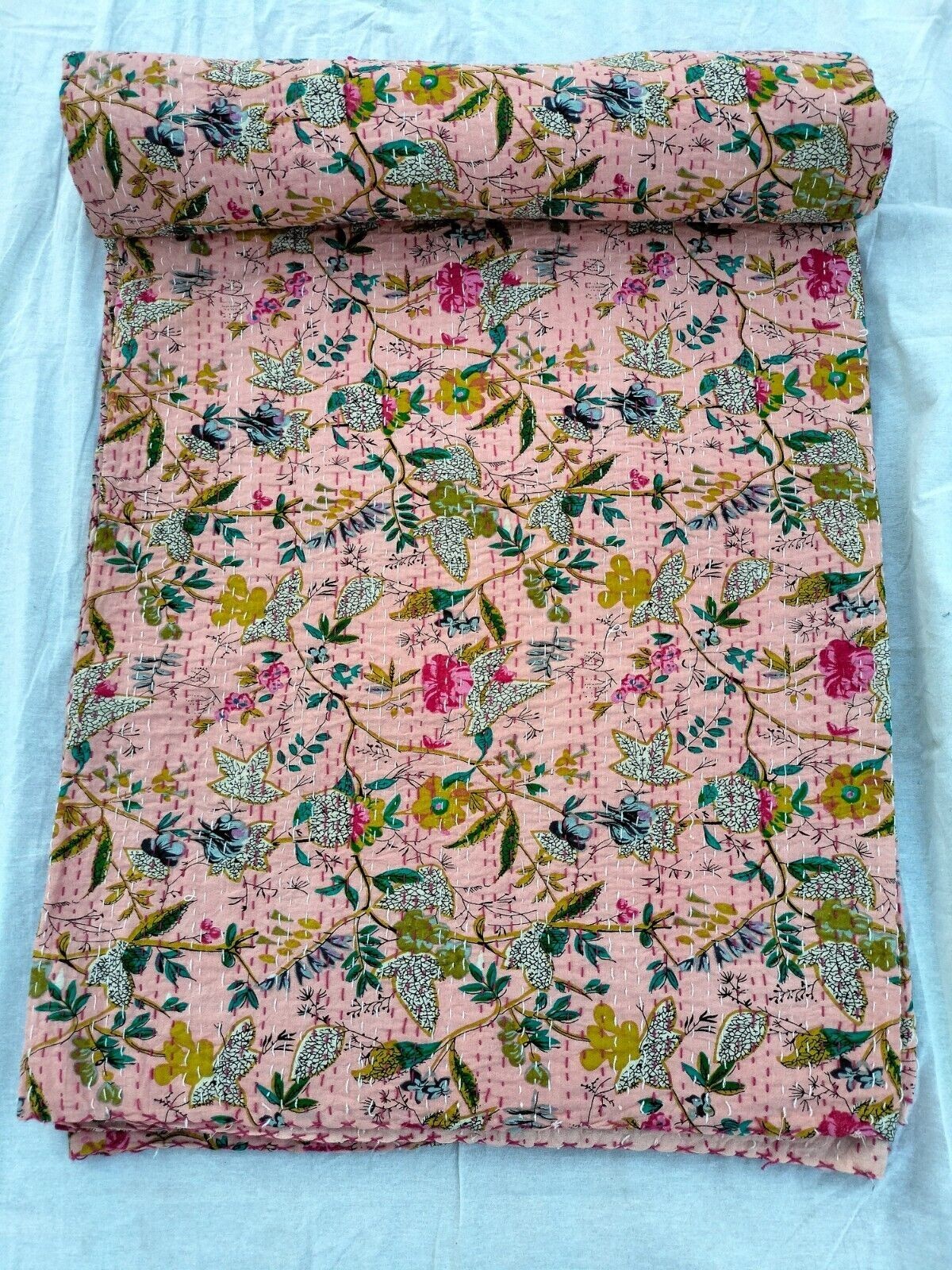 Indian handmade Cotton kantha Quilt hand Block Print King Size Bedspread Blanket