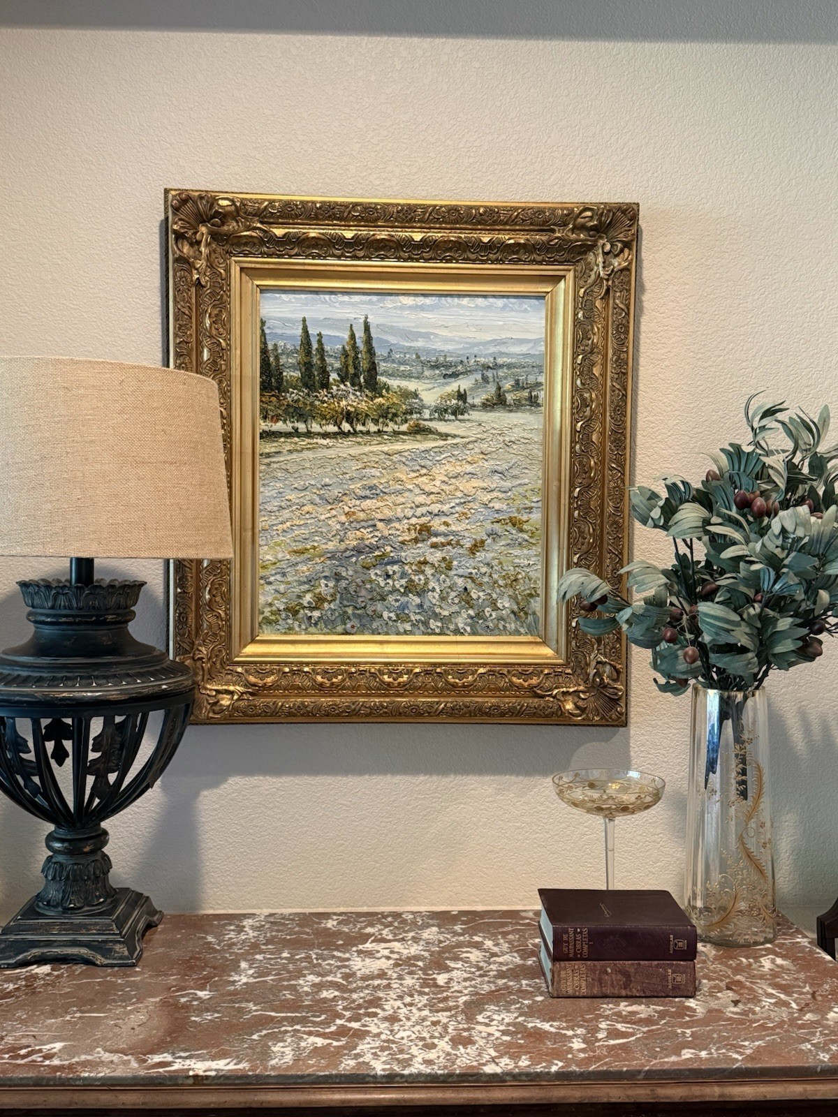 Large Vintage Impasto Oil Painting Tuscan Landscape Ornate Gold Frame 44x36”
