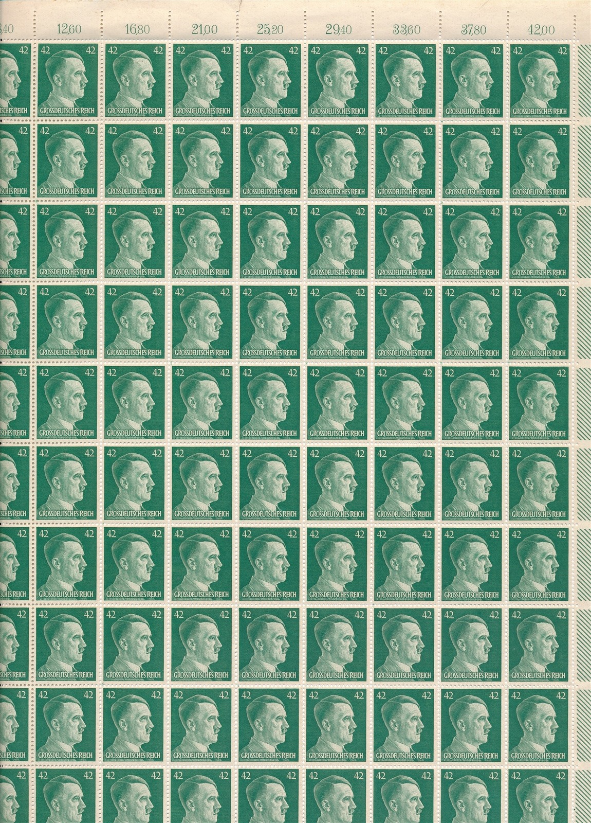 Stamp Germany 42 PF Adolf Hitler Sheet 1941 WWII 3rd Reich German MNH Faults
