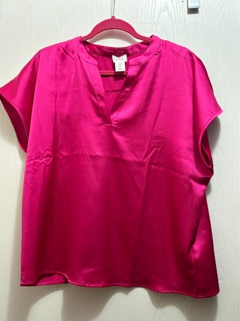 Nicole Miller New York Women\'s XL Hot Pink Satin Split V-Neck Cap Sleeve Blouse Nicole Miller New York Women\'s XL Hot Pink Satin Split V-Neck Cap Sleeve Blouse