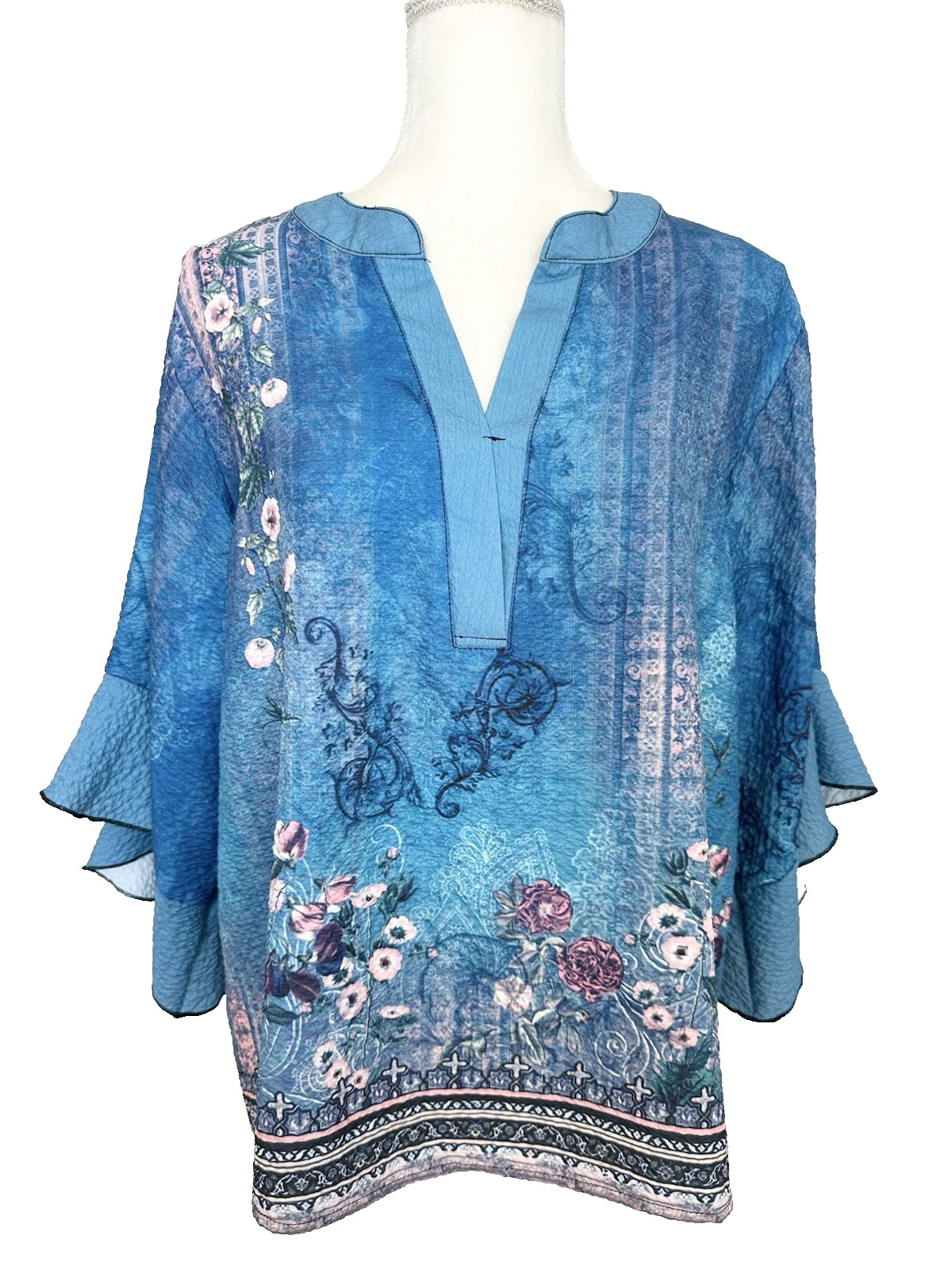 Shall We Womens Blouse Size XL Blue Pink Floral V Neck 3/4 Bell Sleeve Top Shall We Womens Blouse Size XL Blue Pink Floral V Neck 3/4 Bell Sleeve Top