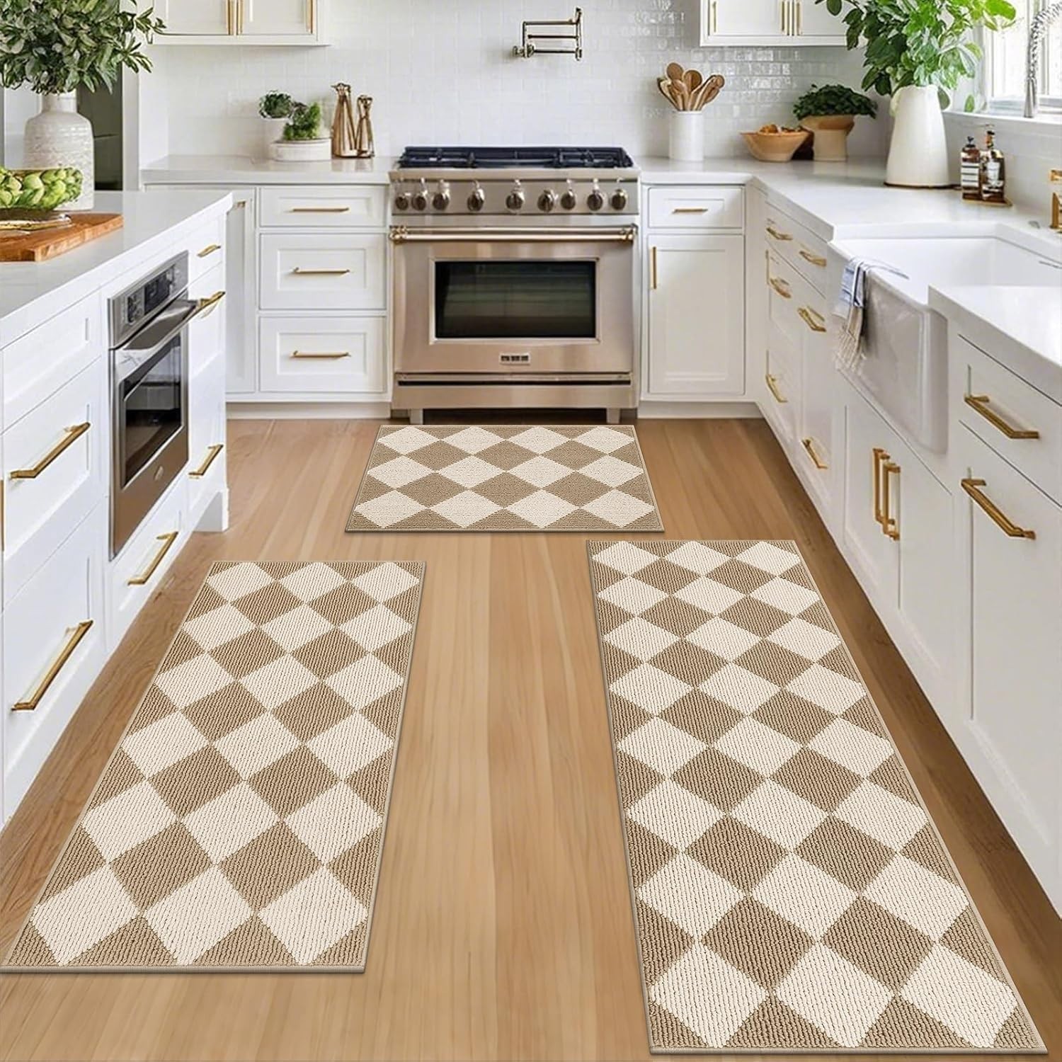 SHACOS 3Pcs Kitchen Mats for Floor, Checkered Kitchen Rugs