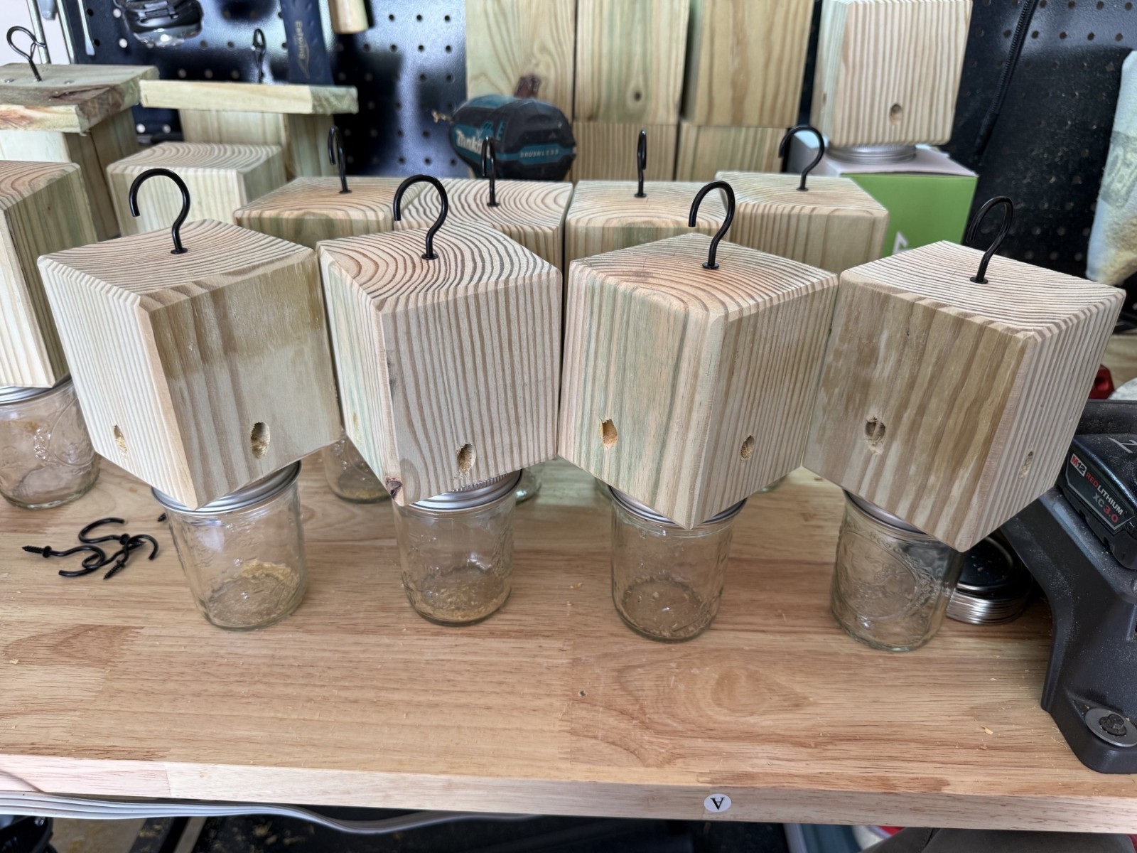 Set Of 2 Handmade Soft Pine Carpenter Bee Traps W/ Jars & Hooks- 