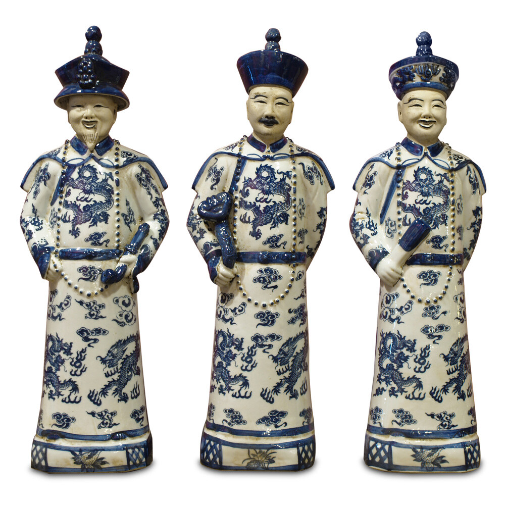 US Seller - Blue and White Porcelain Qing Emperor Chinese Figurine Set