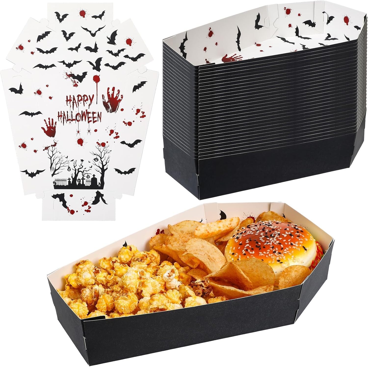 36PCS Halloween Serving Trays - Black, Paper Snack Bowls for Party Candy Treats