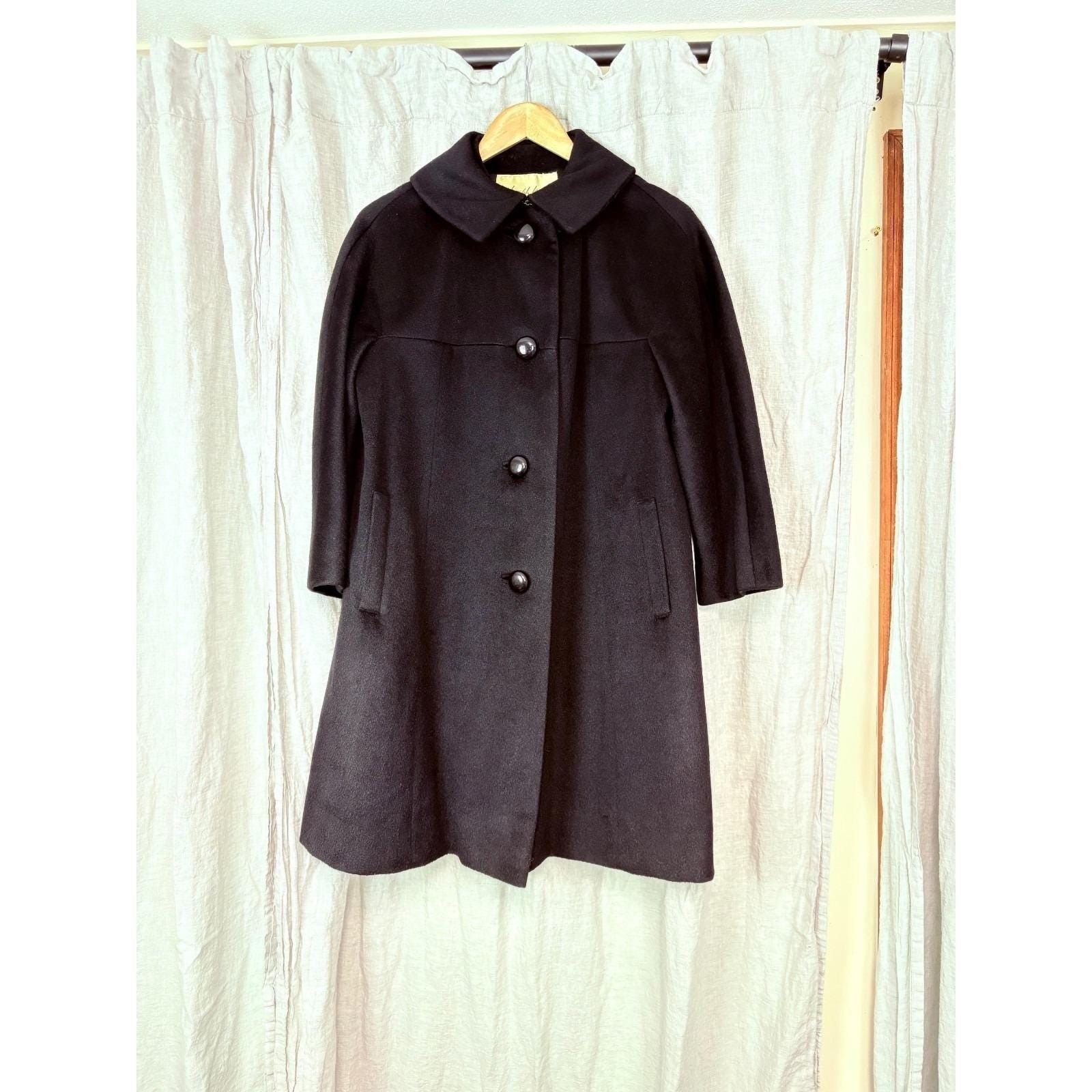 Vintage 1960s Black Wool Swing Coat  ILGWU Union Made Mod Jackie O A-Line  S