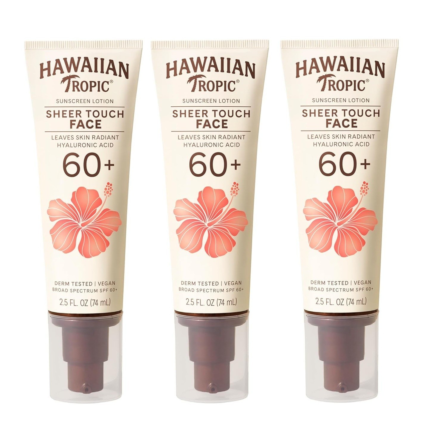 Hawaiian Tropic Sheer Touch Face Sunscreen Lotion SPF 60, 2.5 oz ea. 3 Bottles Hawaiian Tropic Sheer Touch Face Sunscreen Lotion SPF 60, 2.5 oz ea. 3 Bottles