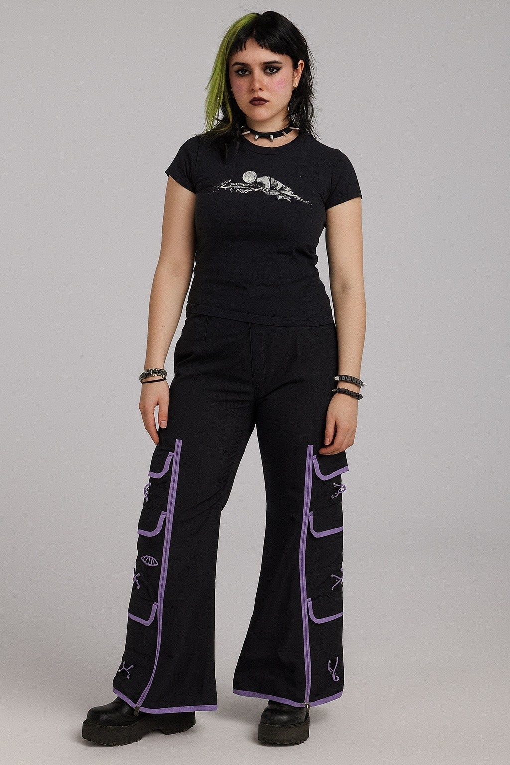 Vintage Y2K MacGirl Cargo Pants Flare Zip Black Purple Size 11 Rave Streetwear Vintage Y2K MacGirl Cargo Pants Flare Zip Black Purple Size 11 Rave Streetwear