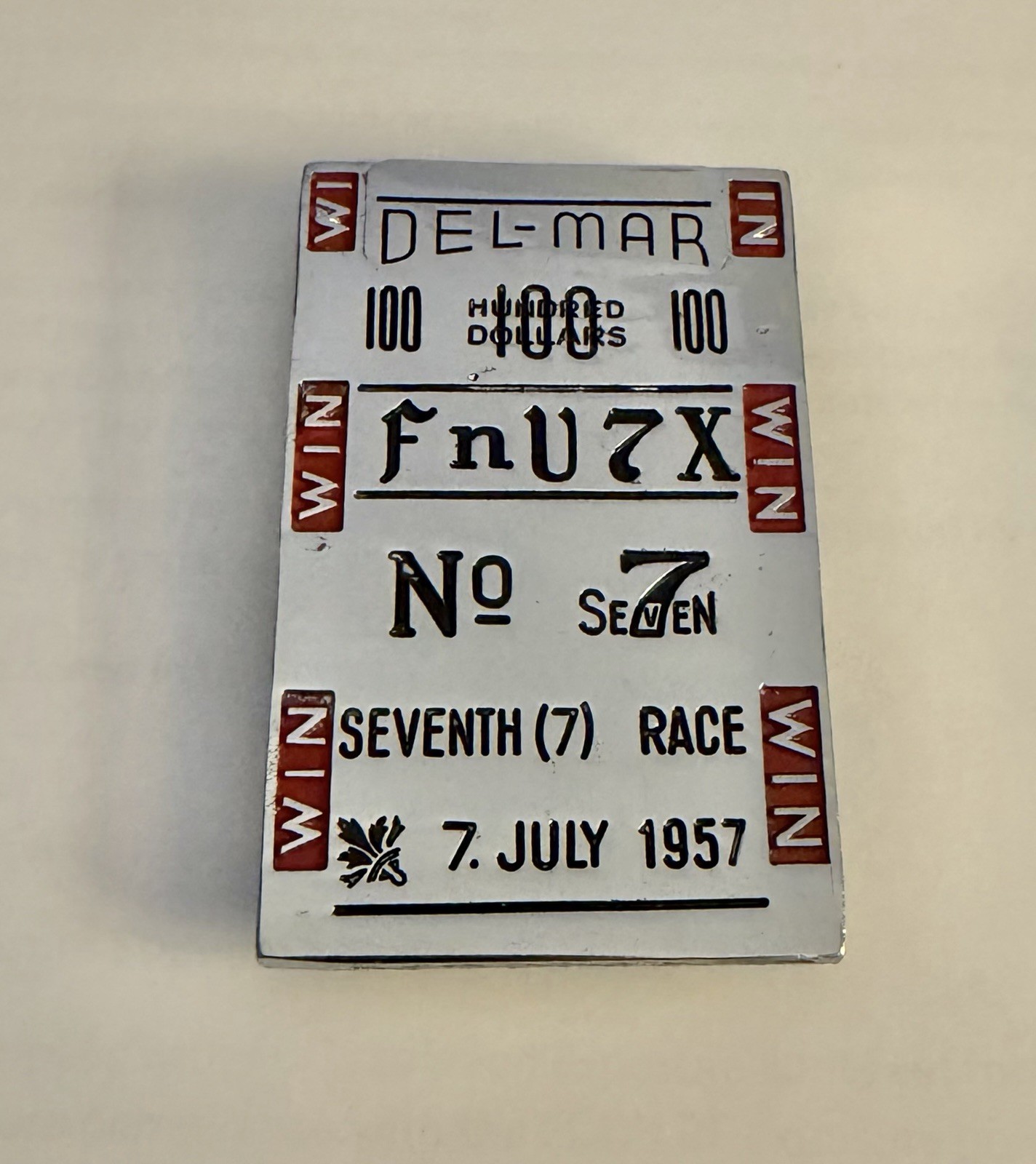 Vintage Del Mar Racetrack $100 Win Tote Ticket Money Clip July 7 1957 No 7 Horse Vintage Del Mar Racetrack $100 Win Tote Ticket Money Clip July 7 1957 No 7 Horse