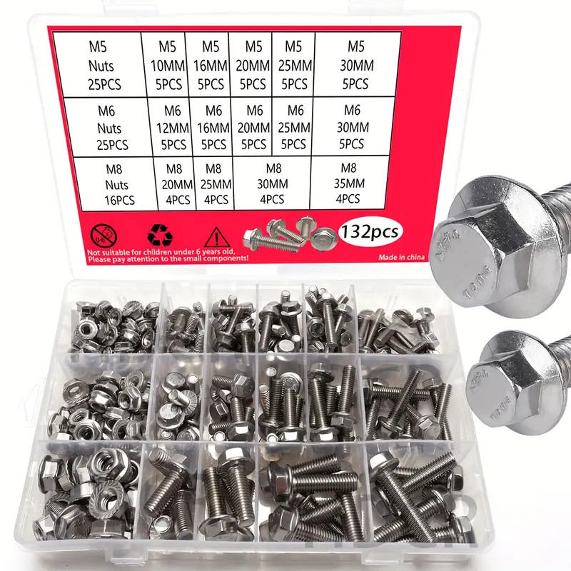 132Pcs Carbon Steel Bolt & Nut Kit, M5, M6, M8 Metric Hex Screws 14 Sizes