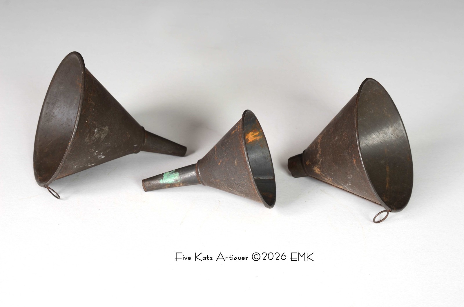 Three Antique Tin Funnels - Nice