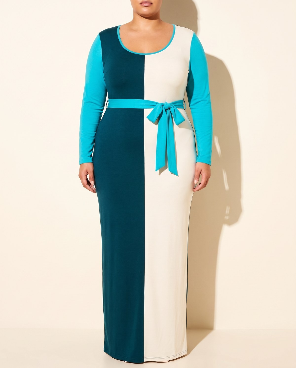 Women's Plus Size Long Sleeve Color Block Maxi Dress V Neck 1X 2X 3X