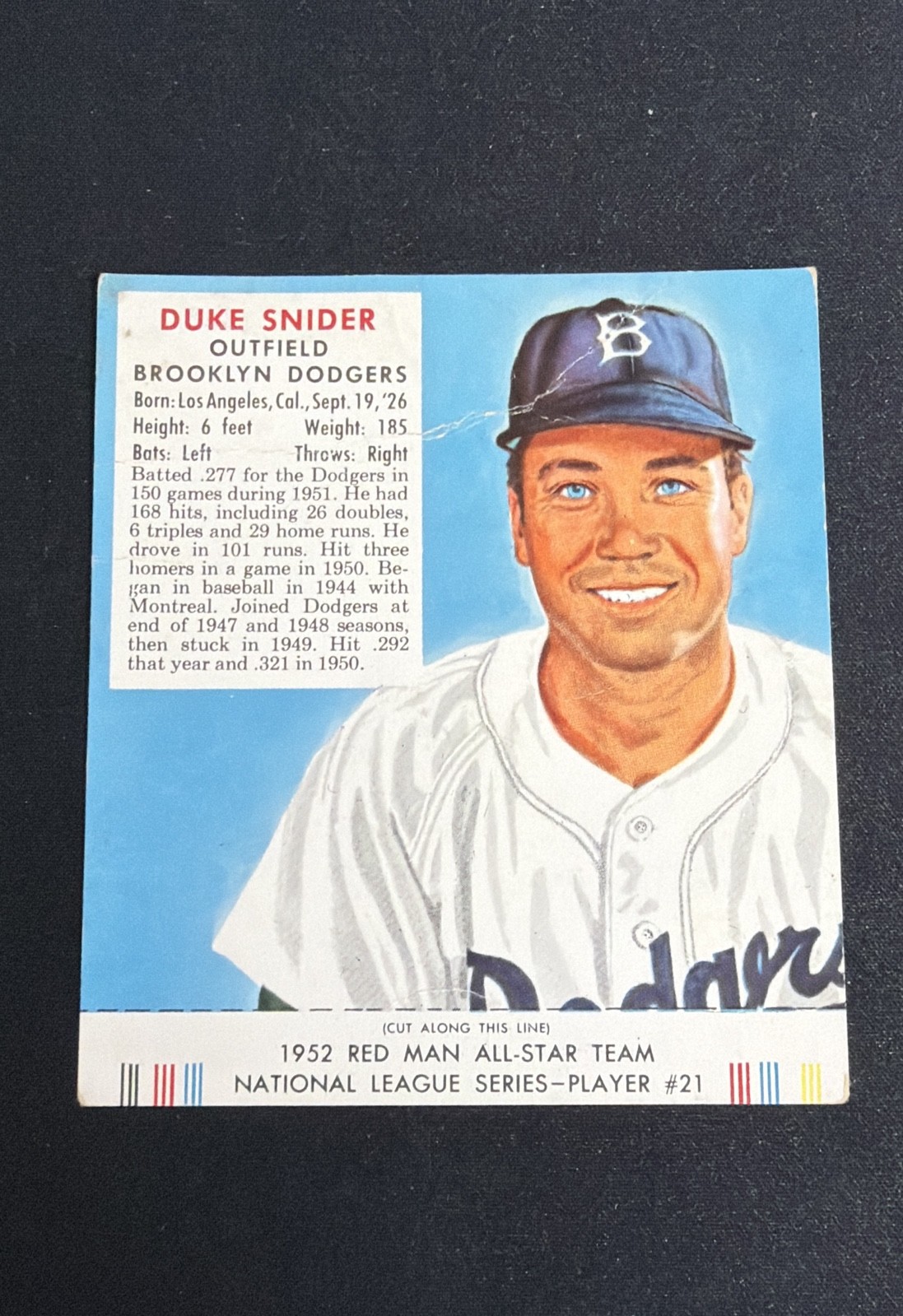 1952 Red Man Tobacco All-Star Team -Duke Snider w/tab #21 VG Creases 1952 Red Man Tobacco All-Star Team -Duke Snider w/tab #21 VG Creases