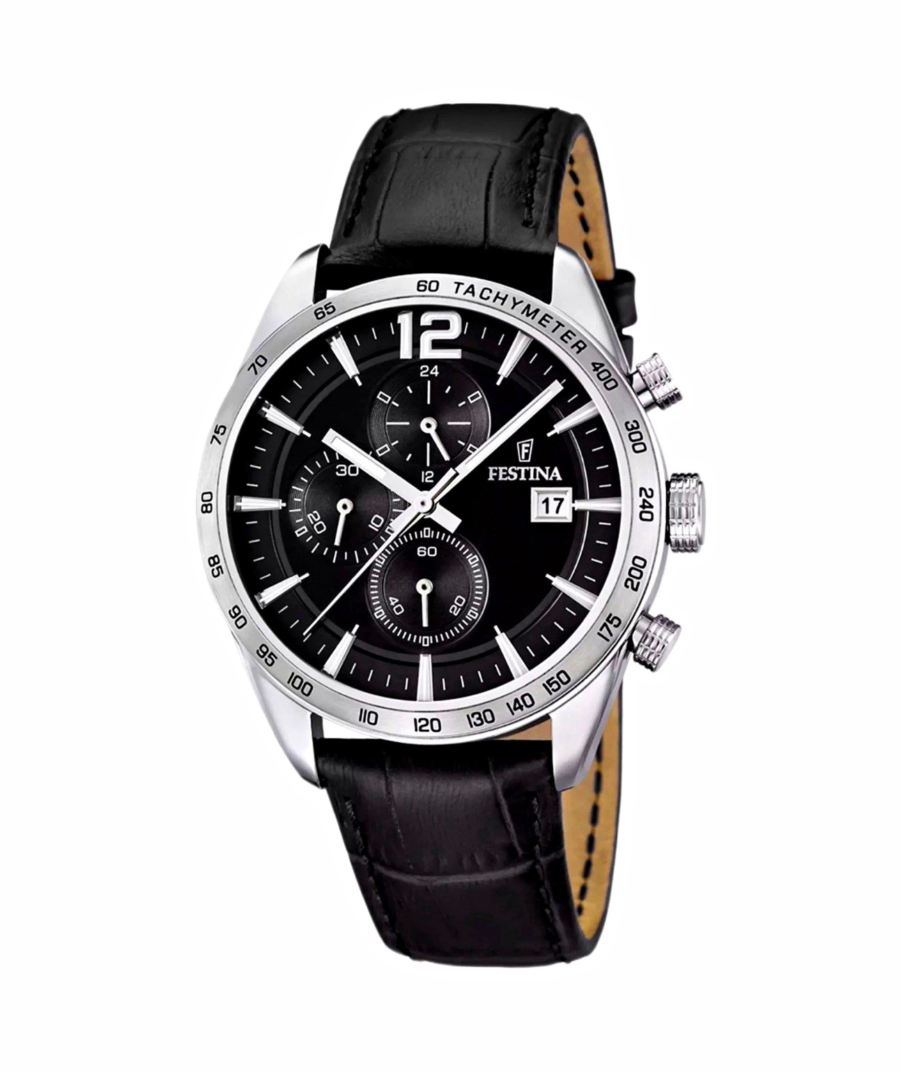 Festina Quartz Chronograph Date Tachymeter Black Dial Leather Strap Watch