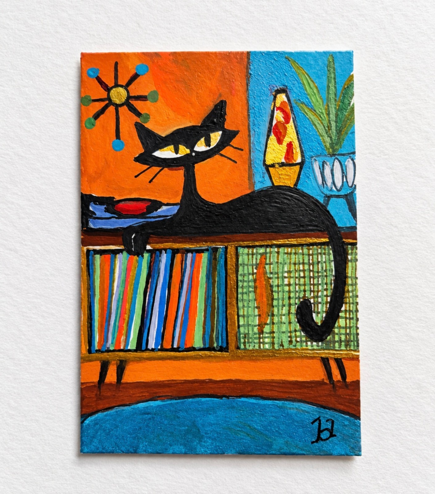 Credenza Supervisor Cat ACEO Hand Painted Original Funny Retro Mid Century Art