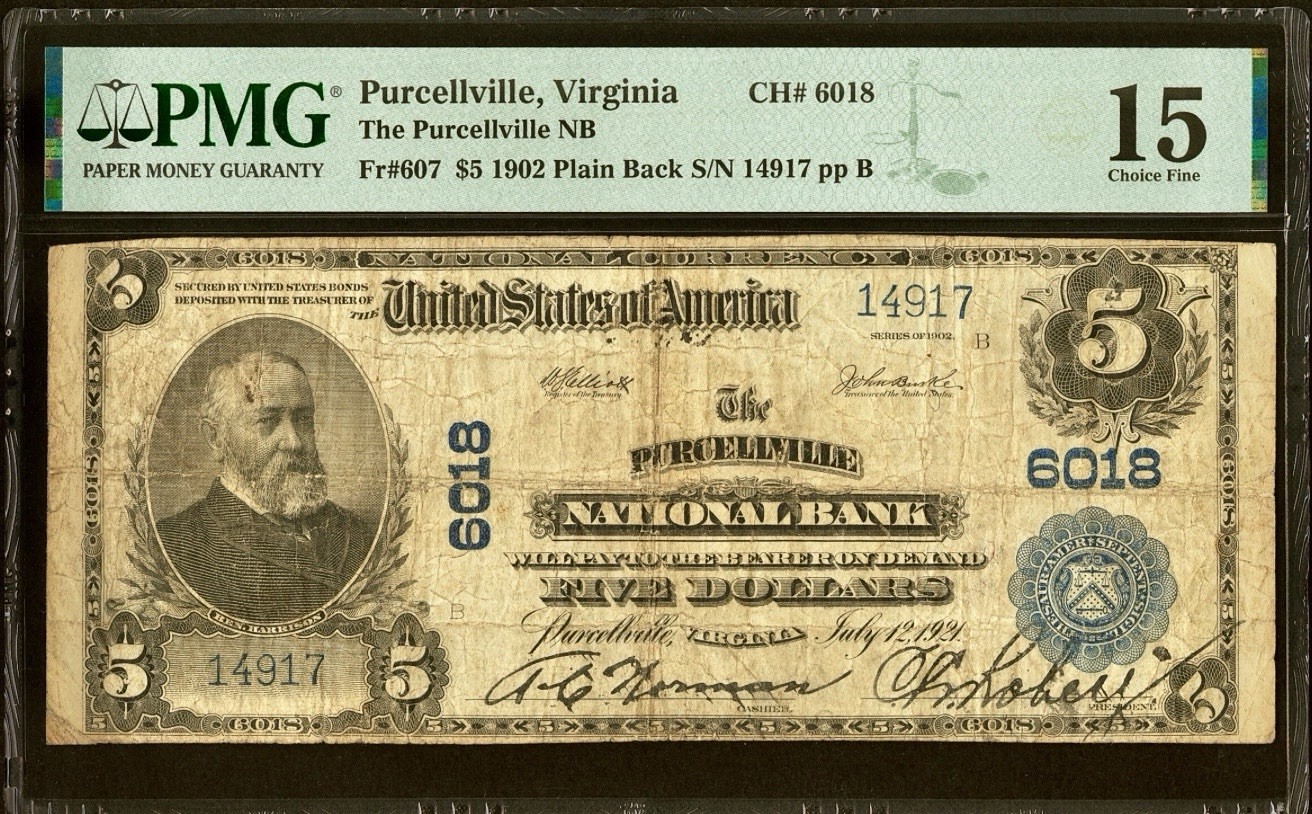 1902 $5 Purcellville, VA The Purcellville National Bank CH#6018 Fr 607 Sn# 14917 1902 $5 Purcellville, VA The Purcellville National Bank CH#6018 Fr 607 Sn# 14917