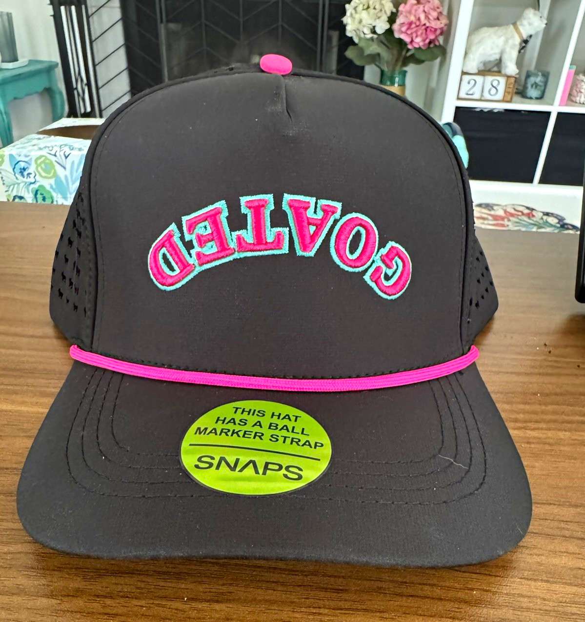 Black GOATED Golf Embroidered Snapback Hat Adjustable One Size Pink Teal