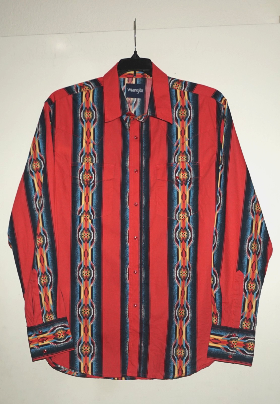 Vintage Wrangler Western Red Pearl Snap Aztec Southwest Red Shirt Mens Size L