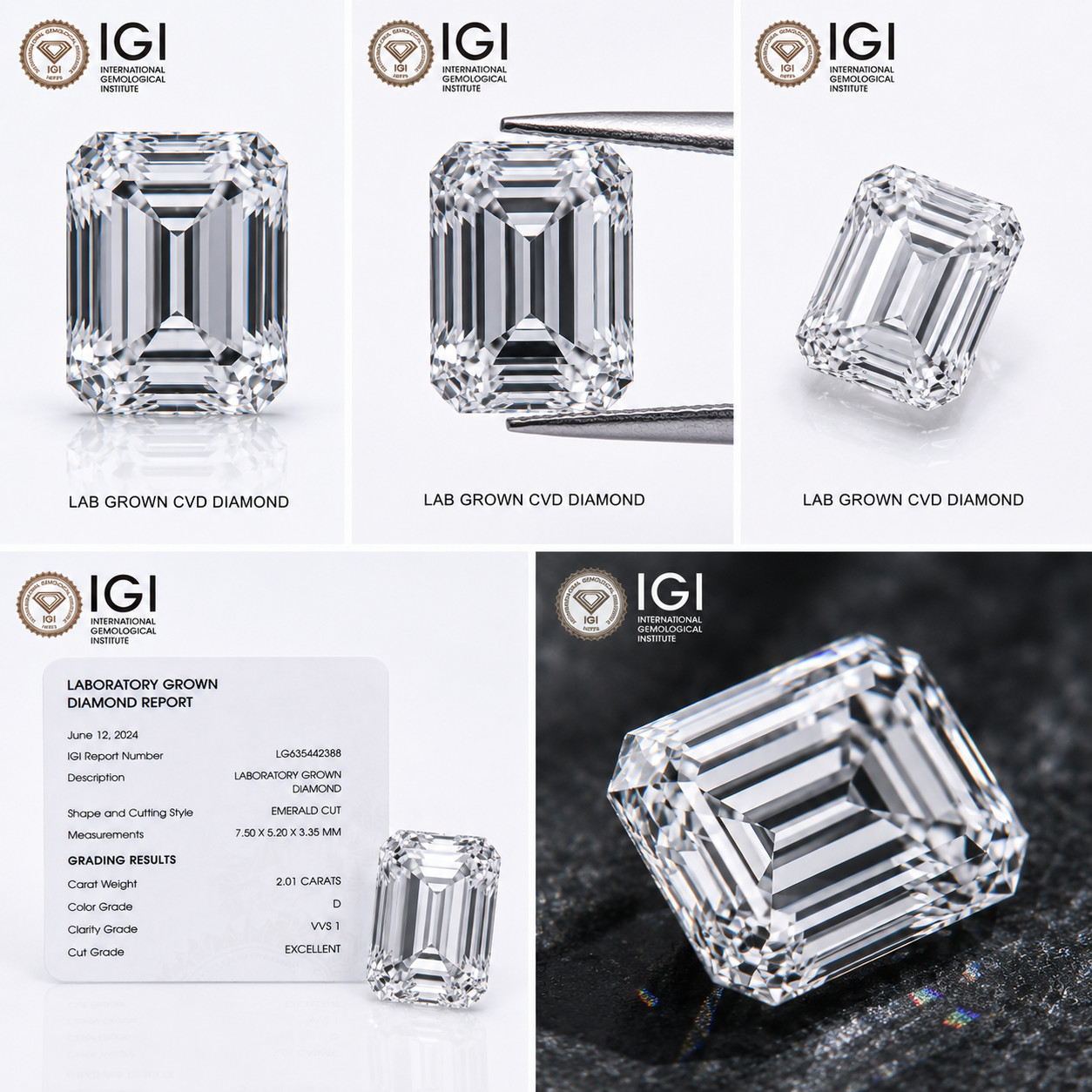 Lab Grown 1.03 CT Emerald D Color VVS1 Clarity STONE IGI Certified CVD DIAMOND