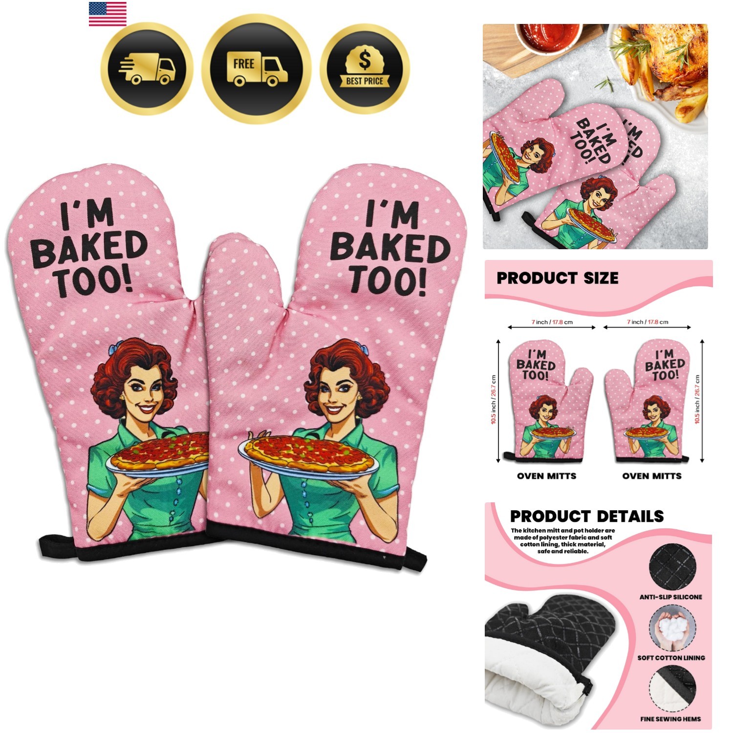 2 Pcs Funny Oven Mitts I\'m Baked Too Heat Resistant Mitts Retro Housewife Sil... 2 Pcs Funny Oven Mitts I\'m Baked Too Heat Resistant Mitts Retro Housewife Sil...