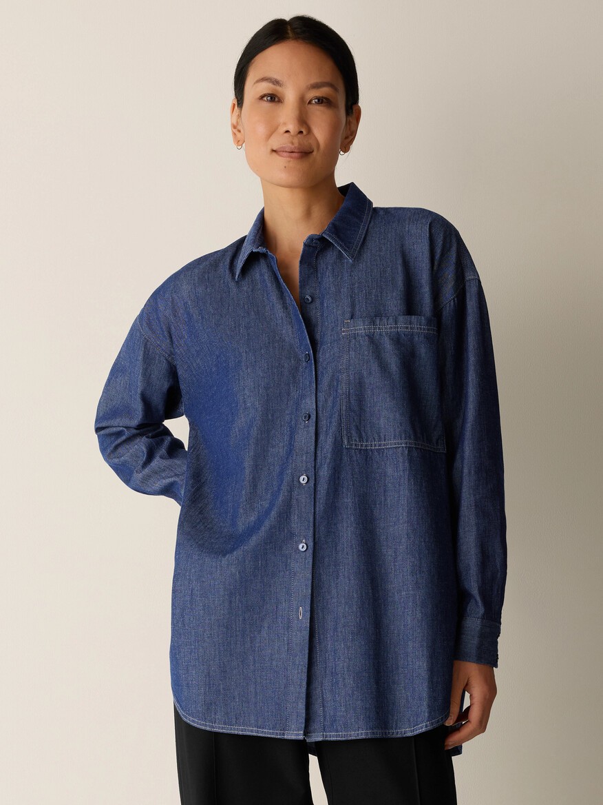 EILEEN FISHER Lightweight Organic Cotton Denim Classic Collar Long Shirt (NEW) EILEEN FISHER Lightweight Organic Cotton Denim Classic Collar Long Shirt (NEW)
