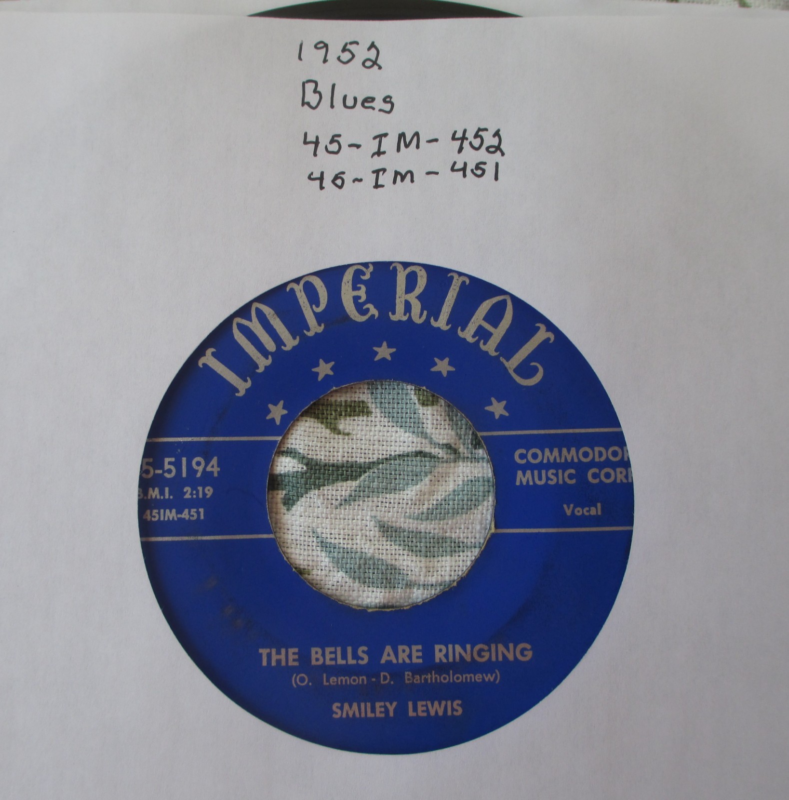 1952 Blues: Smiley Lewis The Bells Are Ringing/Lillie May 45 Imperial 5194 VG+