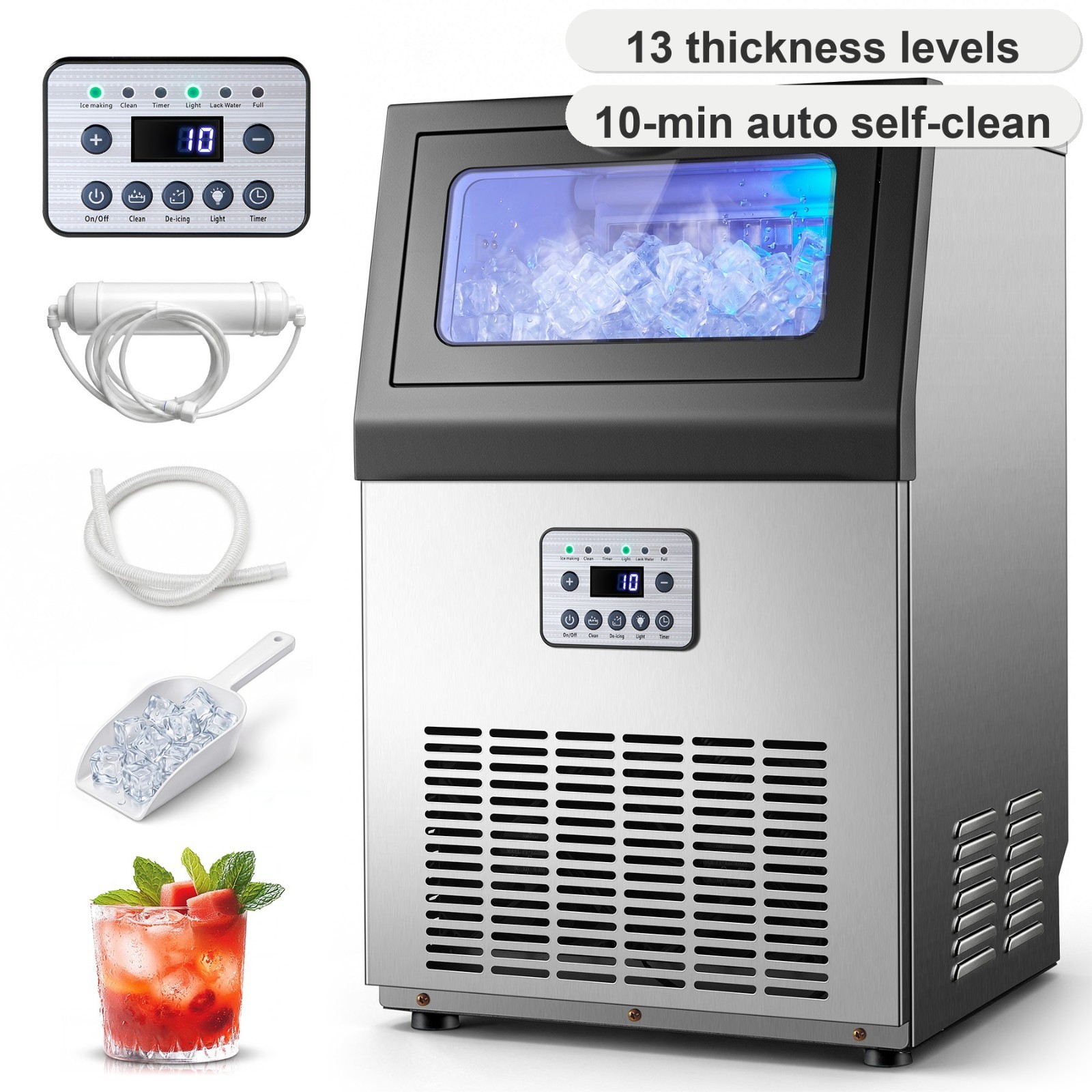 Zomagas Commercial Ice Maker 80lbs Day 32Cubes Stainless Steel Self Cleaning LED Zomagas Commercial Ice Maker 80lbs Day 32Cubes Stainless Steel Self Cleaning LED